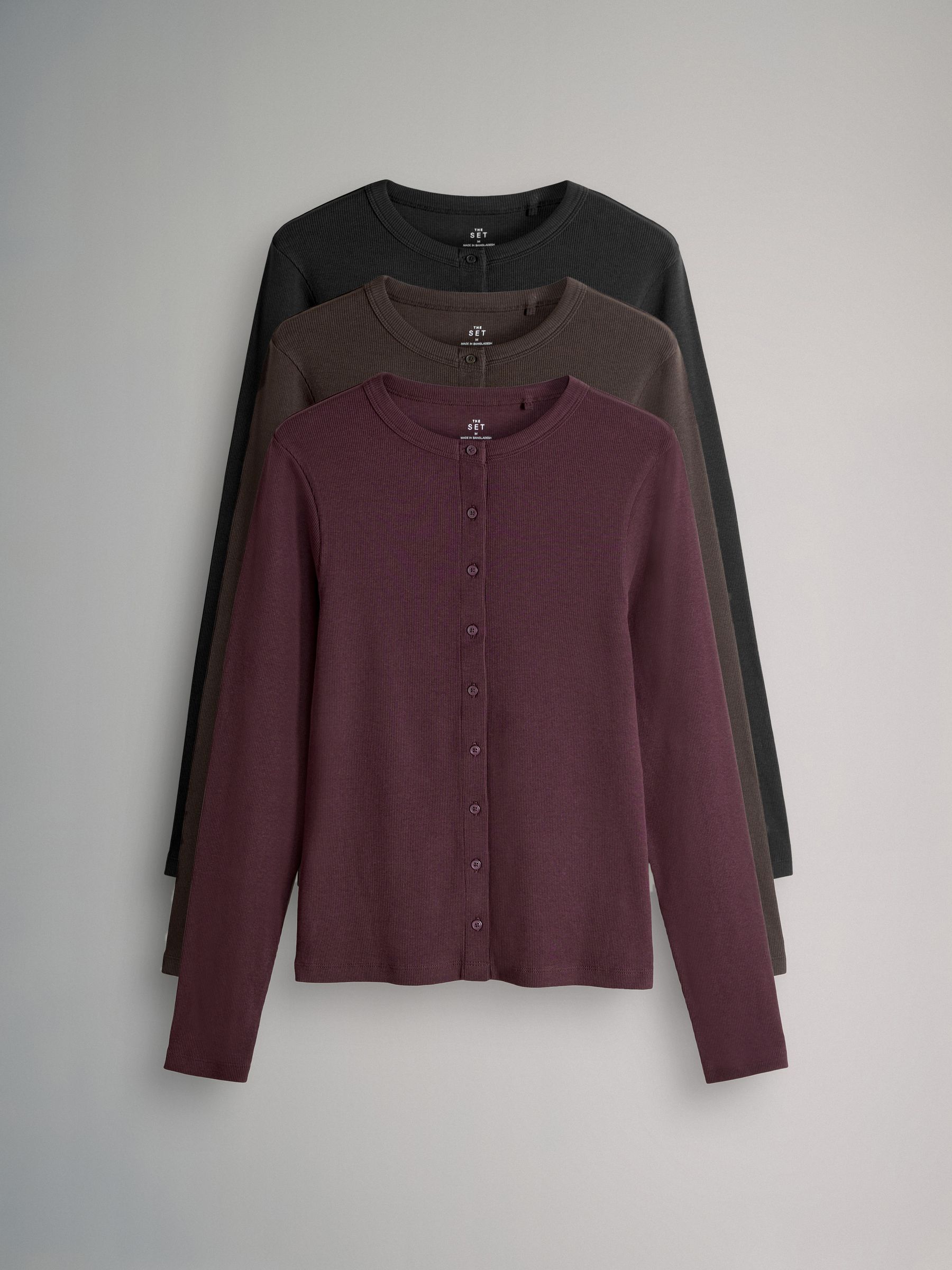 3 Pack Long Sleeve Button Through Rib T-Shirts - Image 1 of 6