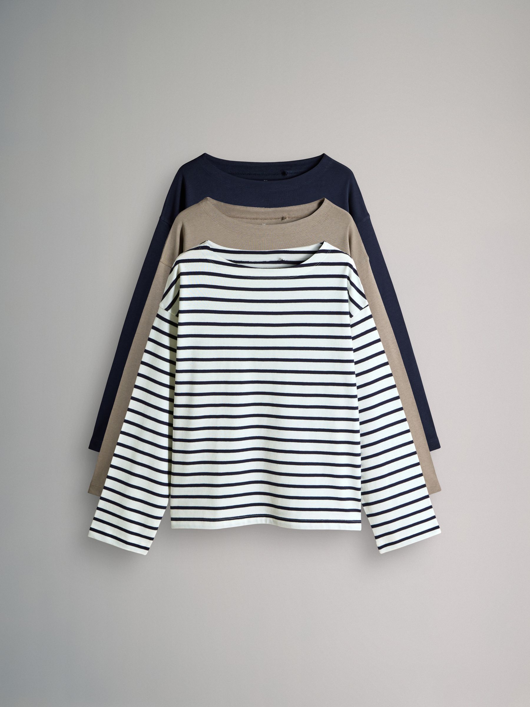 Navy/Stripe/Neutral - 3 Pack Boat Neck Heavyweight T-Shirts - Image 1 of 14