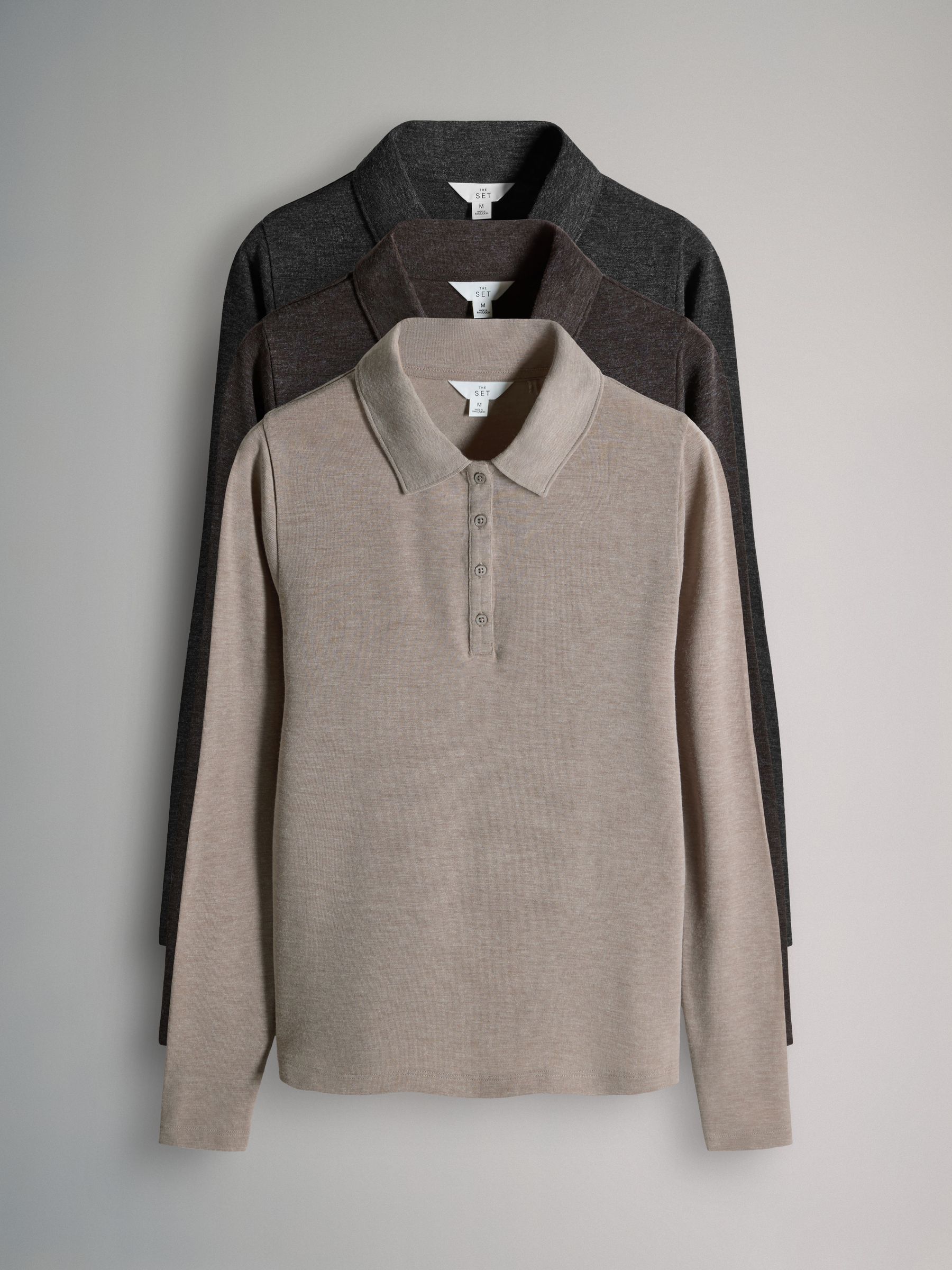 Black/Brown/Taupe - 3 Pack Long Sleeve 100% Cotton Slub Polo T-Shirts - Image 1 of 6