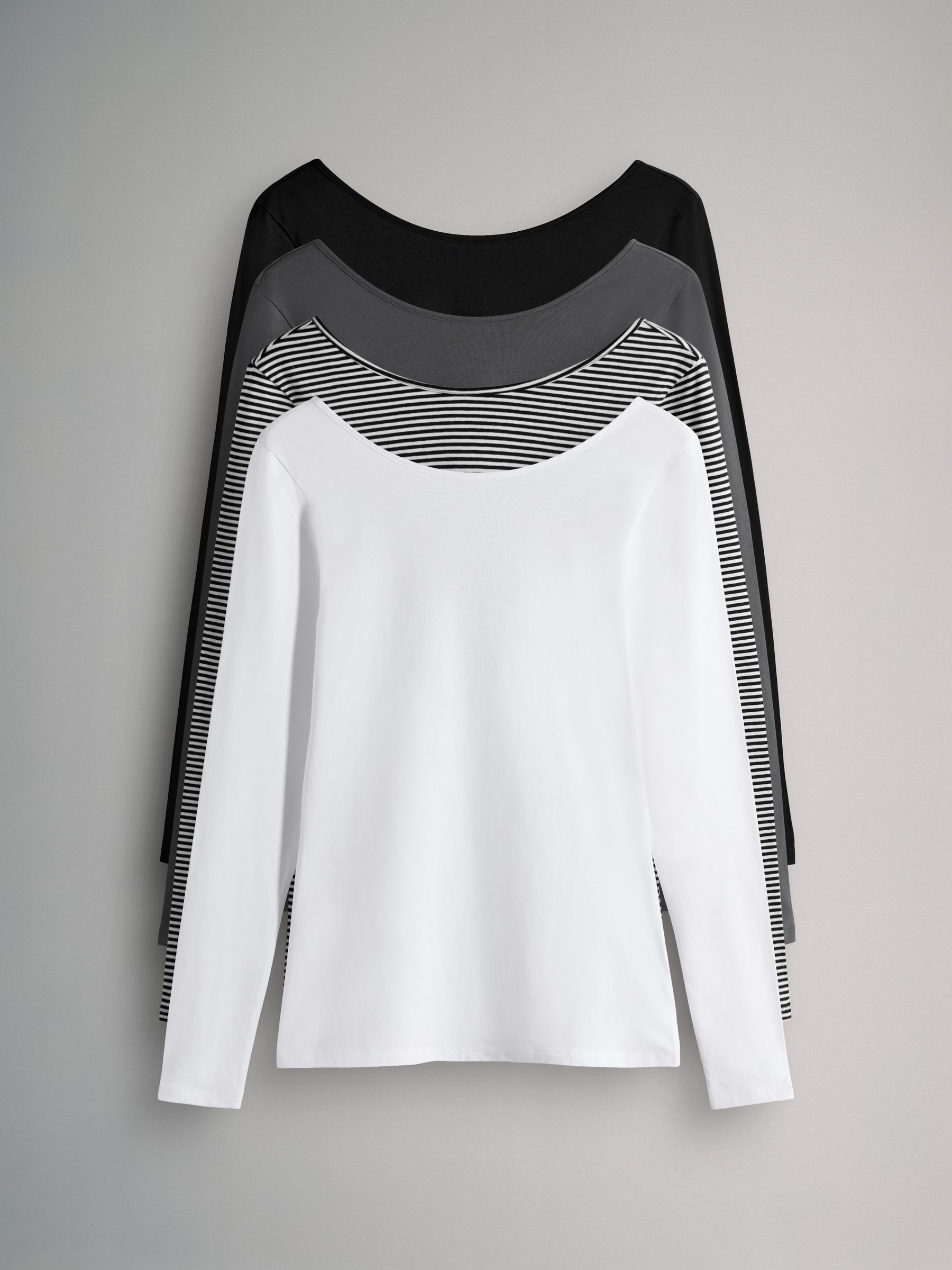 Black/Charcoal Grey/Stripe/White - 4 Pack Scoop Back Long Sleeved T-Shirts - Image 2 of 12