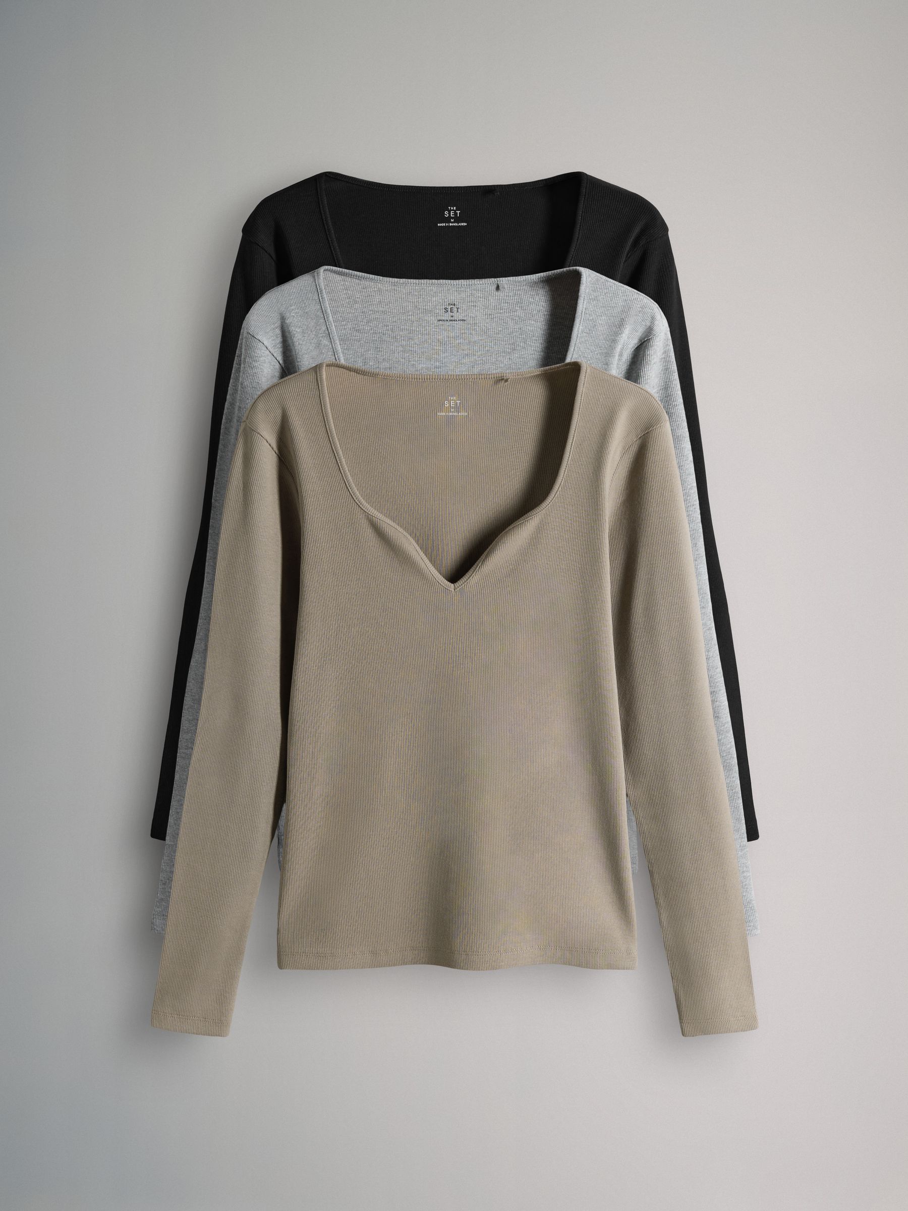 3 Pack Sweetheart Neckline Long Sleeve Rib T-Shirts - Image 2 of 11 3 Pack Sweetheart Neckline Long Sleeve Rib T-Shirts - Image 2 of 11