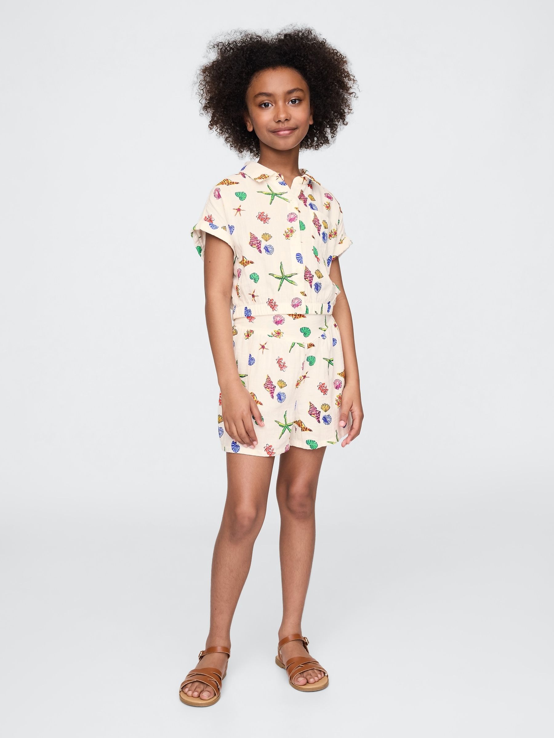 Cream Sea Shell Crinkle Gauze Shirt & Shorts Outfit Set (4-13yrs) - Image 1 of 4