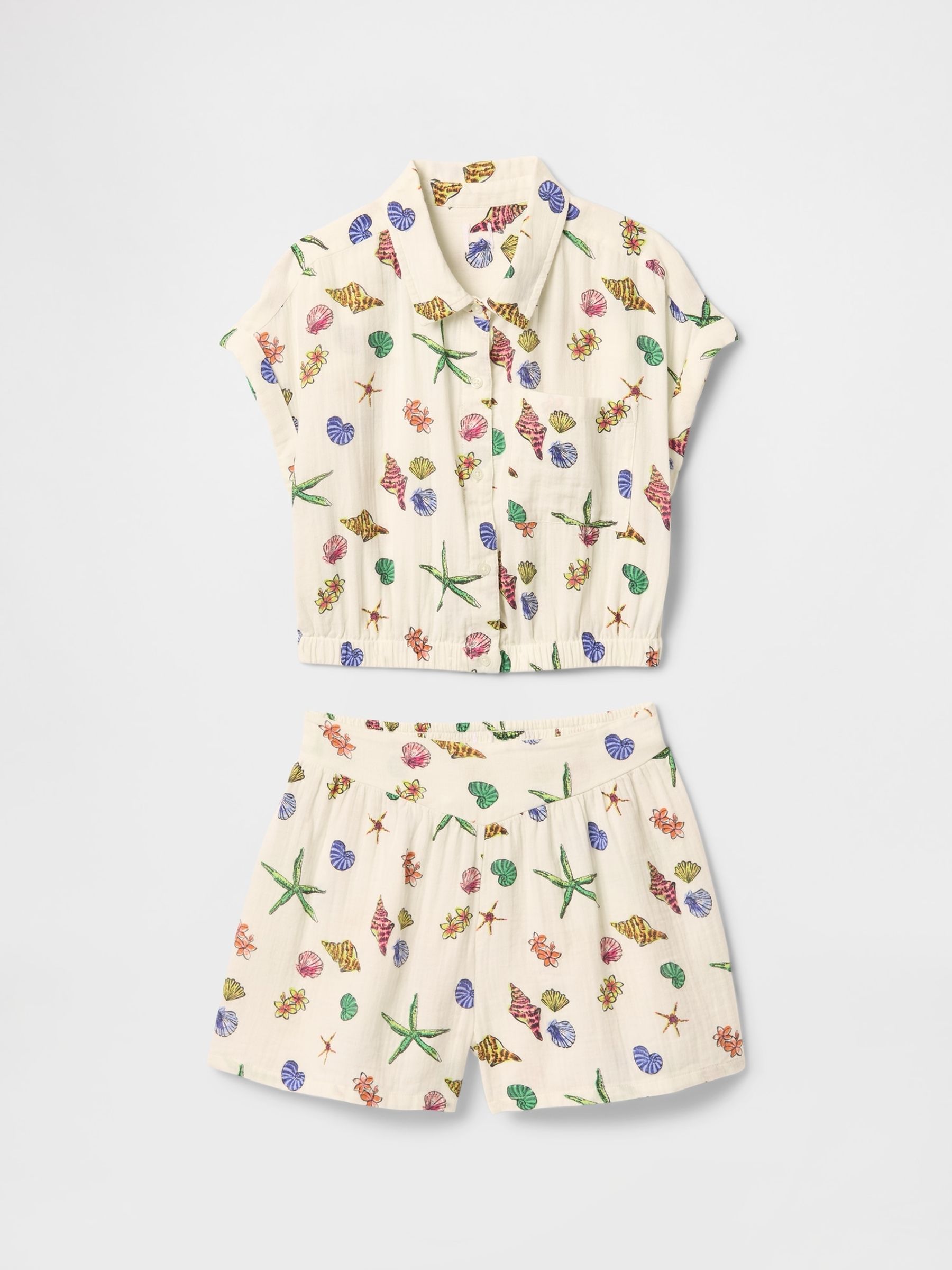 Cream Sea Shell Crinkle Gauze Shirt & Shorts Outfit Set (4-13yrs) - Image 3 of 4