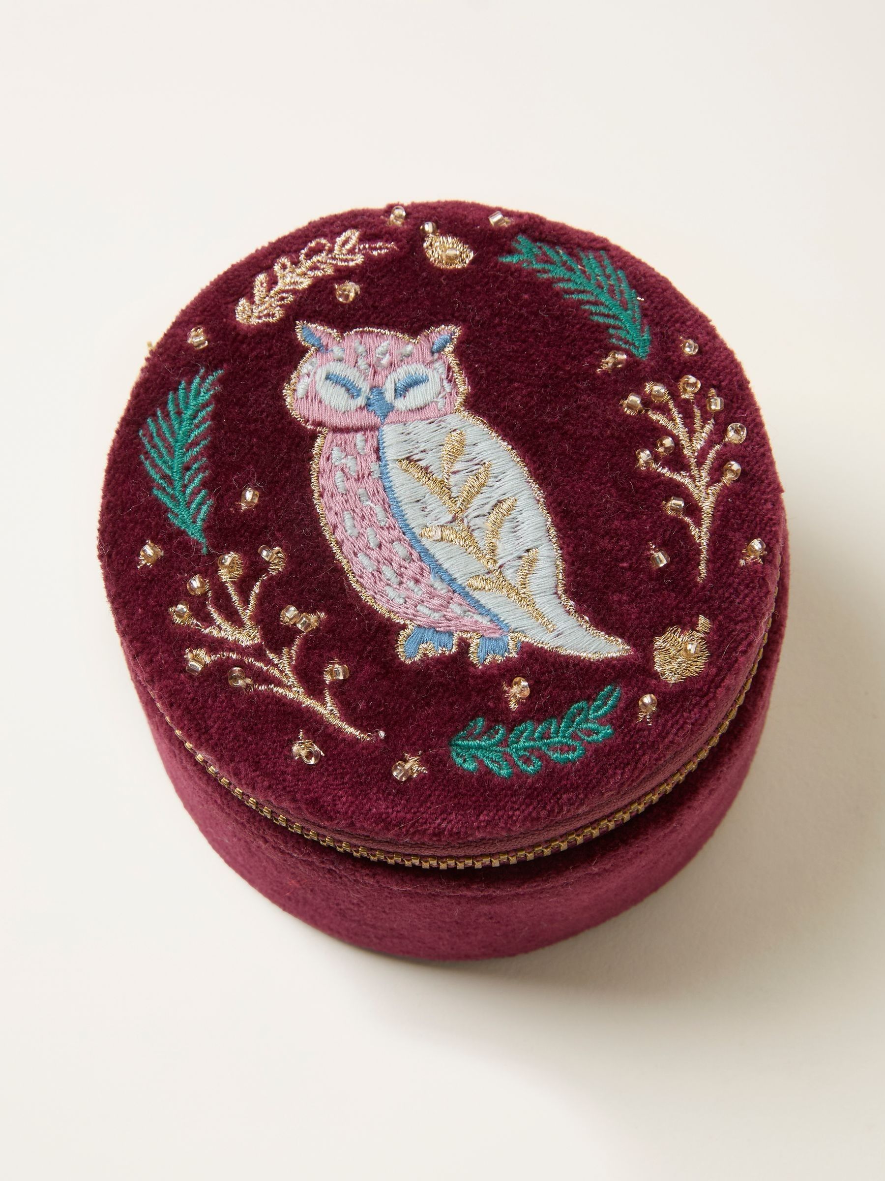Burgundy Red Owl Embroidered Travel Jewellery Box