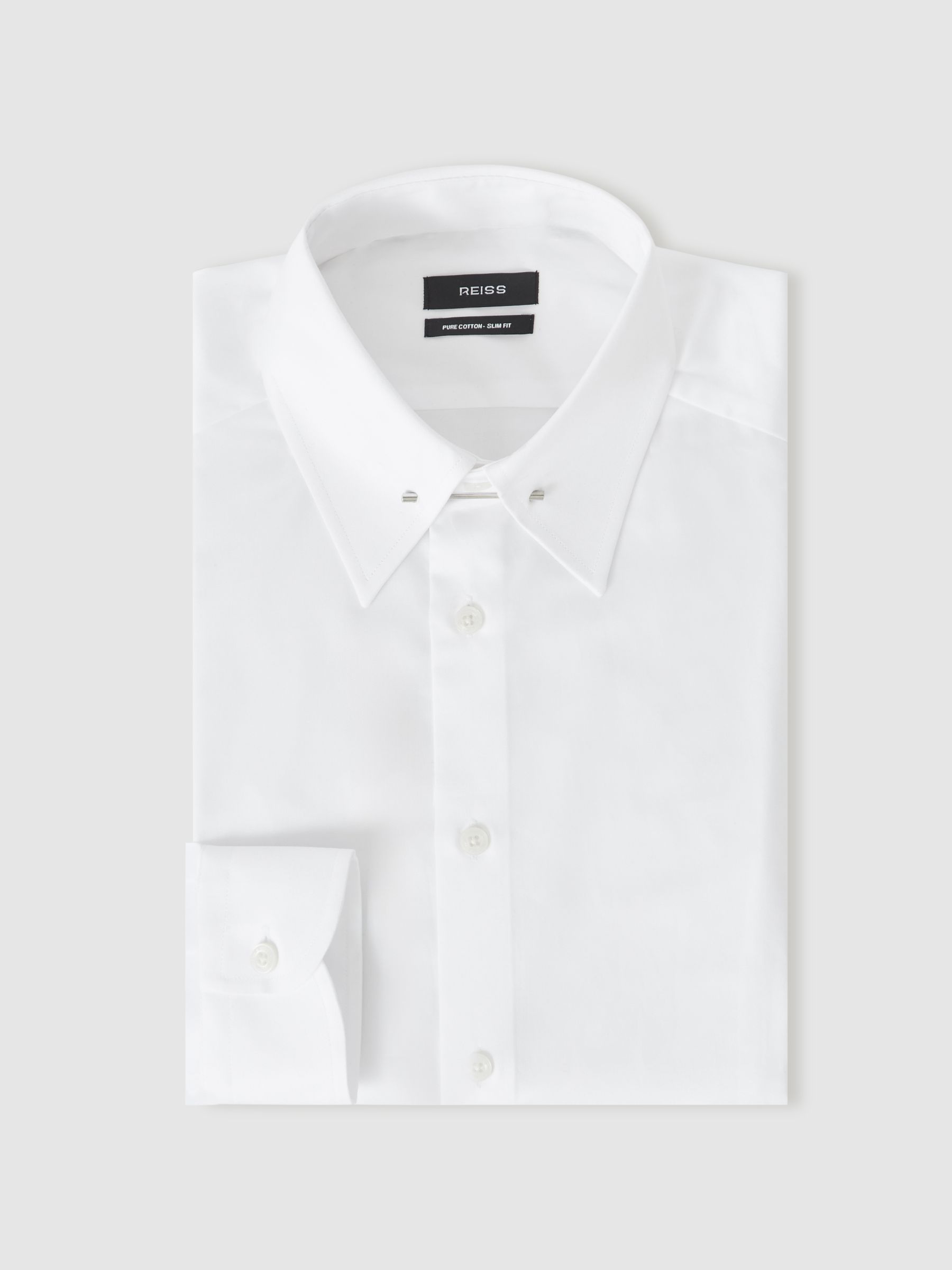 Slim Fit Cotton Pin Collar Shirt in White - Image 2 of 7