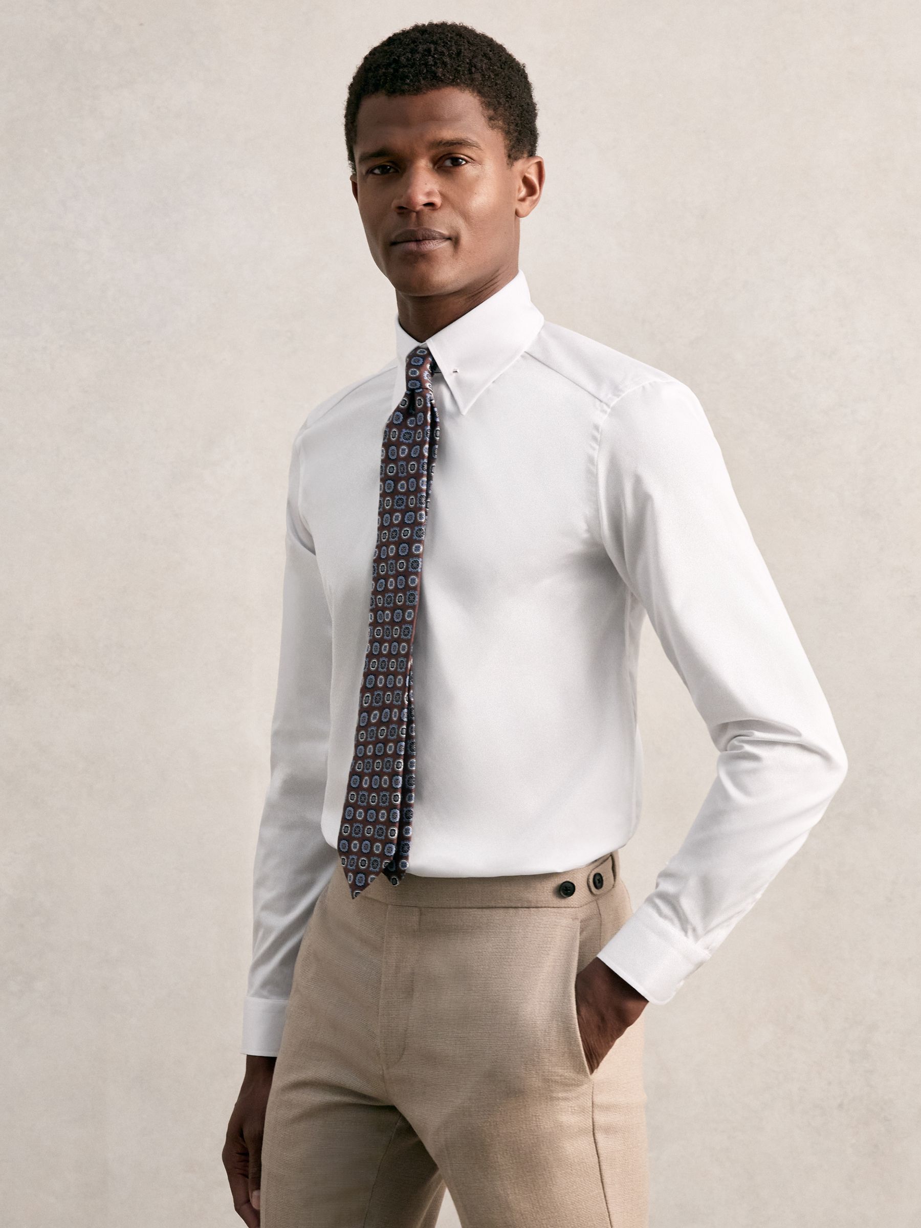 Slim Fit Cotton Pin Collar Shirt in White - Image 3 of 7