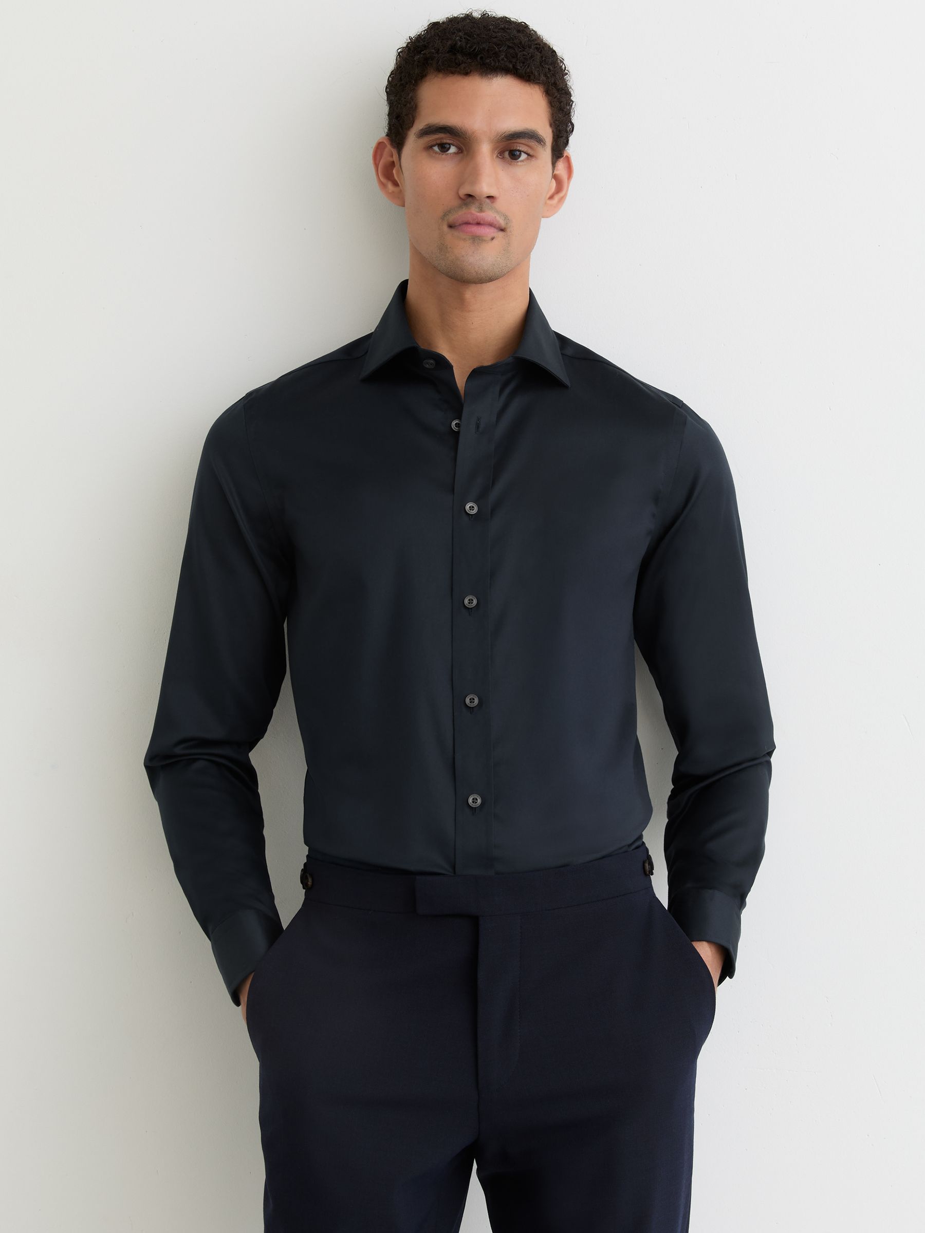 Slim Fit Cotton-Tencel Stretch Shirt in Blue - Image 3 of 8