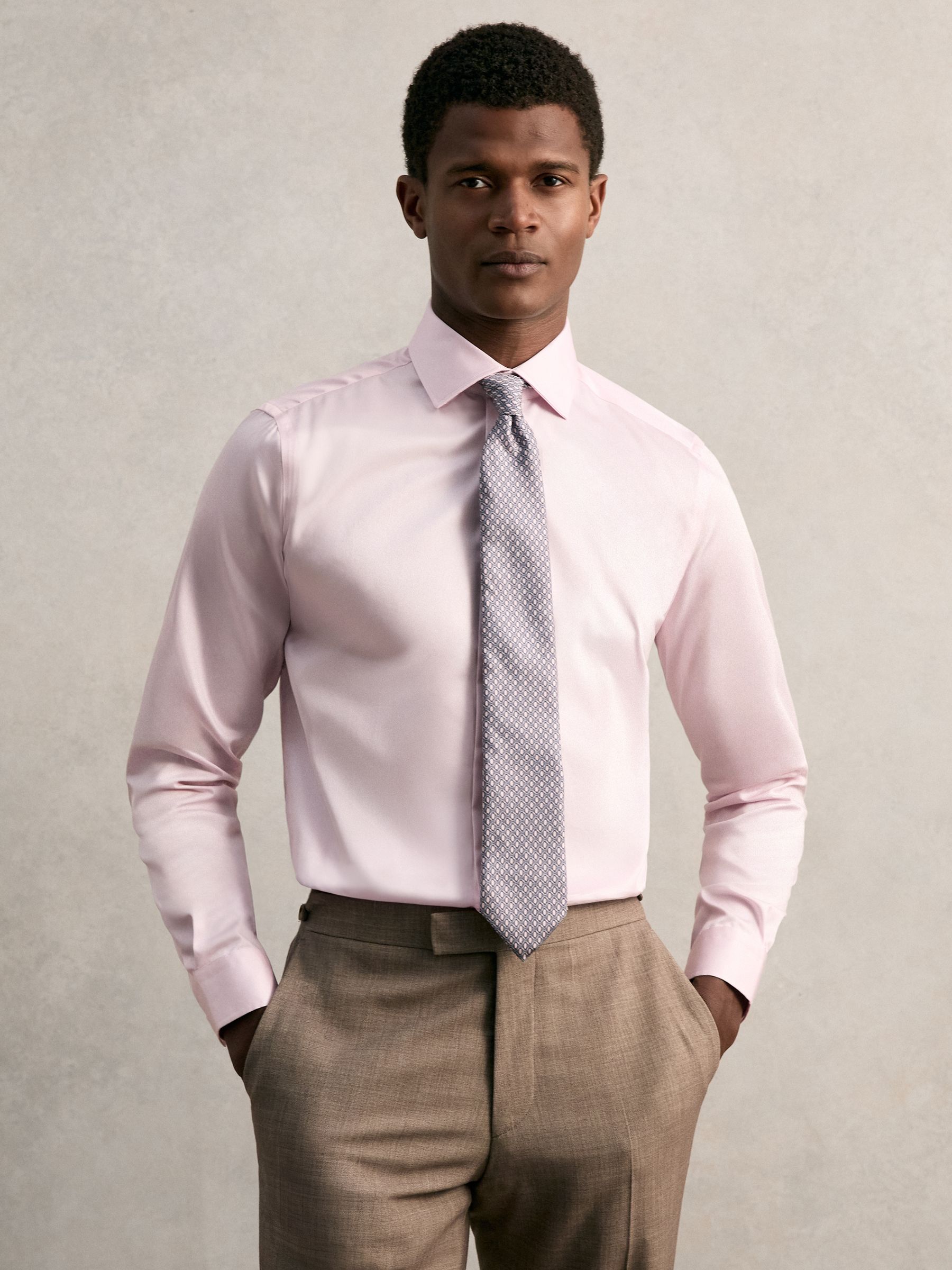 Regular Fit Cotton-Satin Cutaway-Collar Shirt in Pink - Image 3 of 9