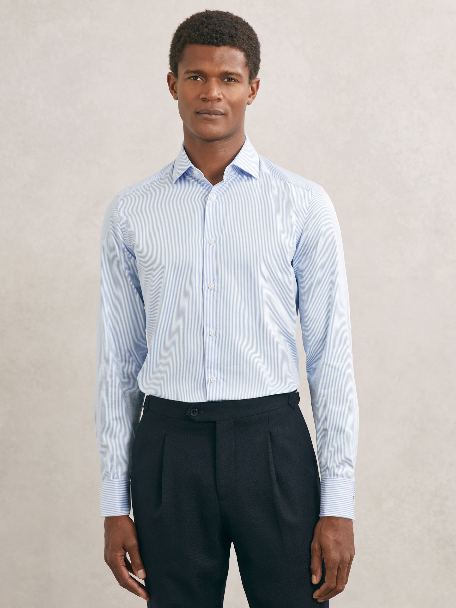 Slim Fit Regular-Fit Cotton-Satin Stripe Shirt in Blue Stripe - Image 3 of 6