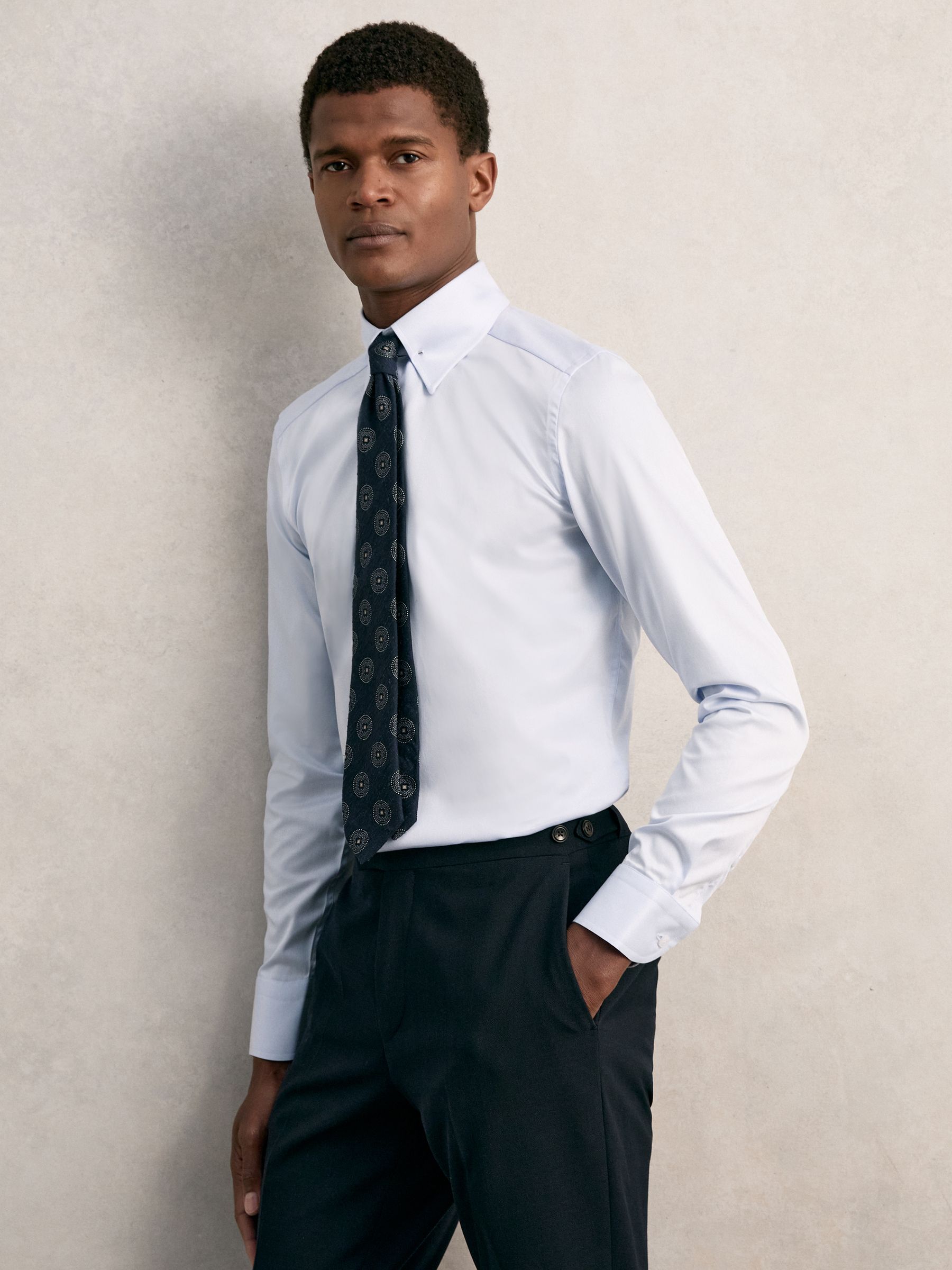 Slim Fit Cotton Pin Collar Shirt in Soft Blue - Image 1 of 7