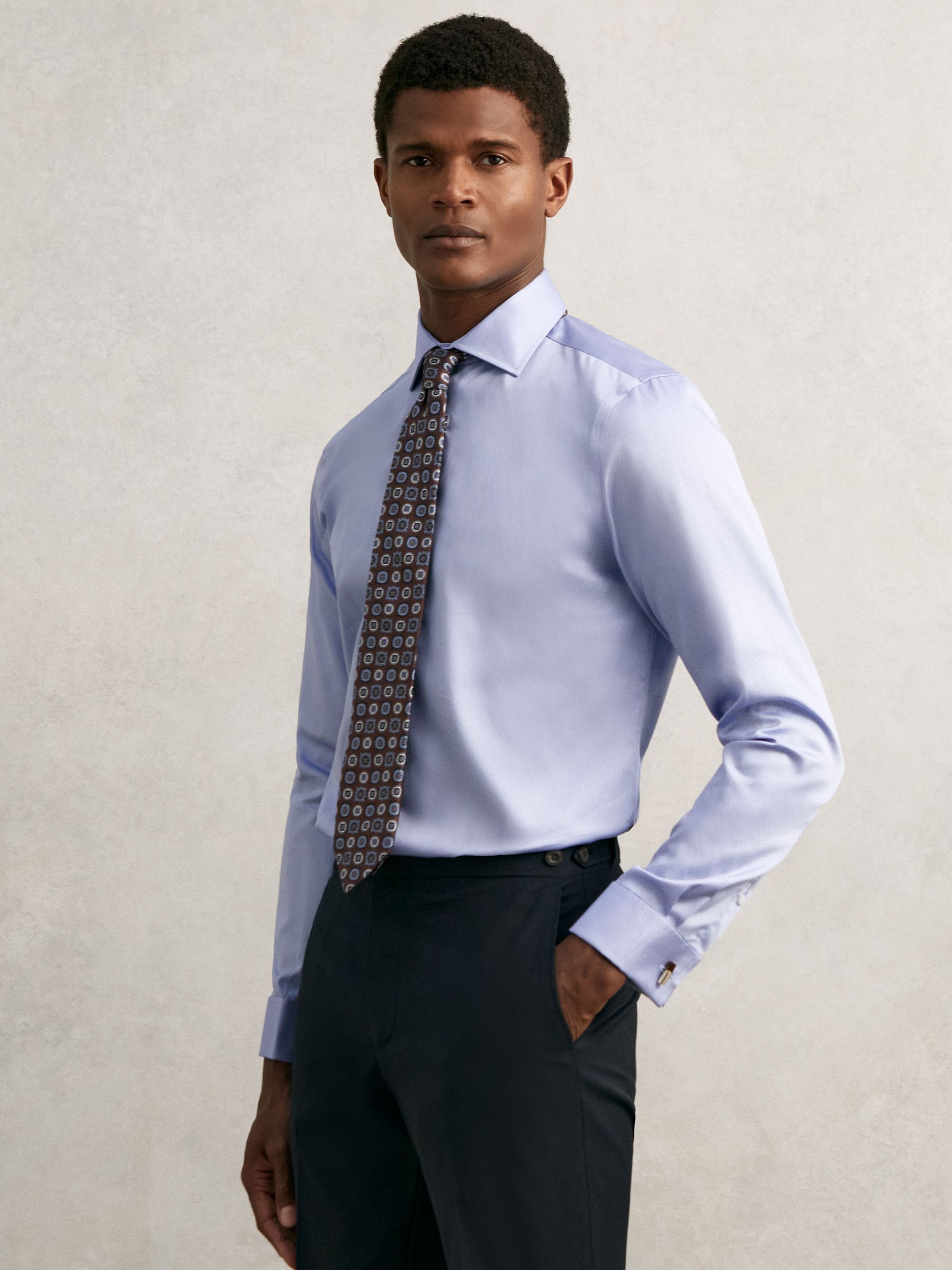 Regular Fit Cotton-Sateen Shirt in Mid Blue - Image 1 of 8