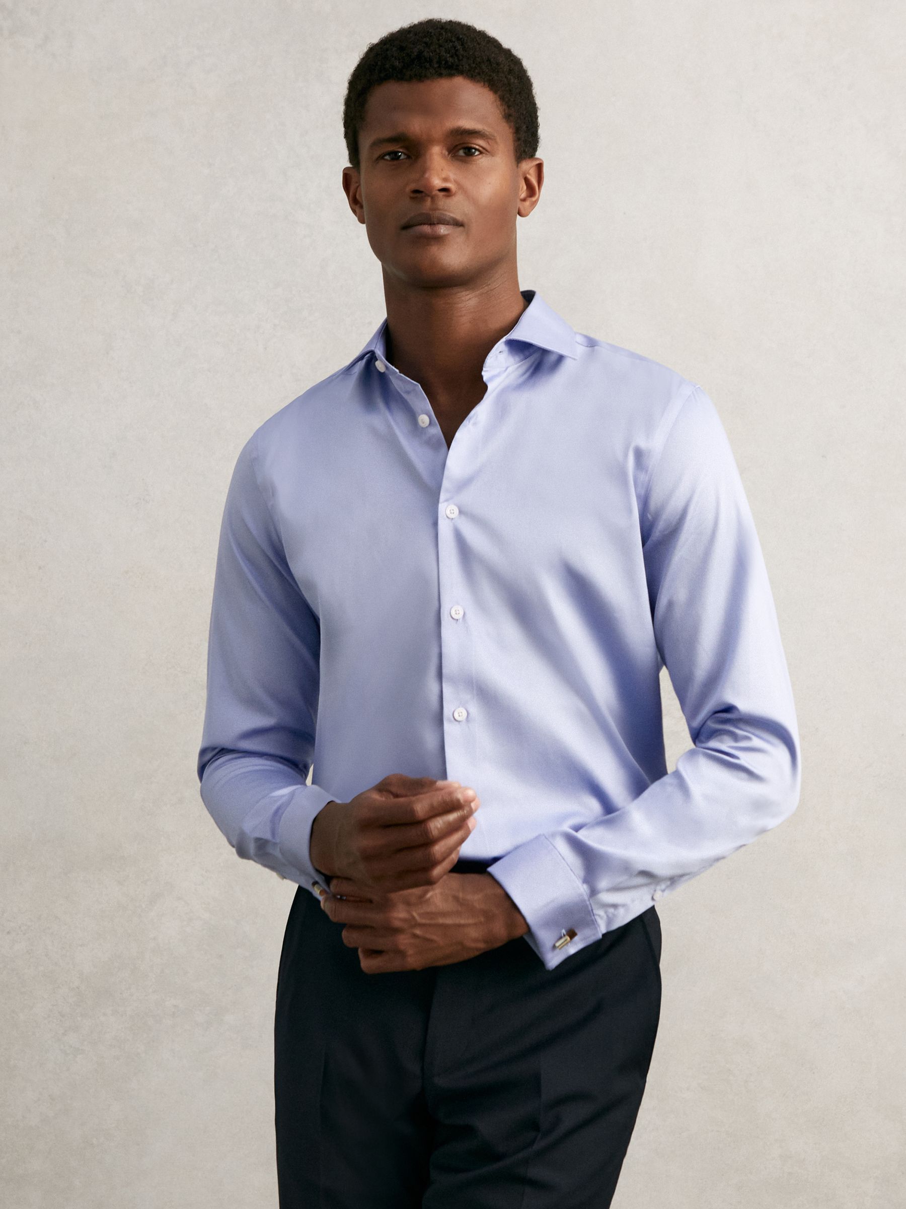 Regular Fit Cotton-Sateen Shirt in Mid Blue - Image 4 of 8