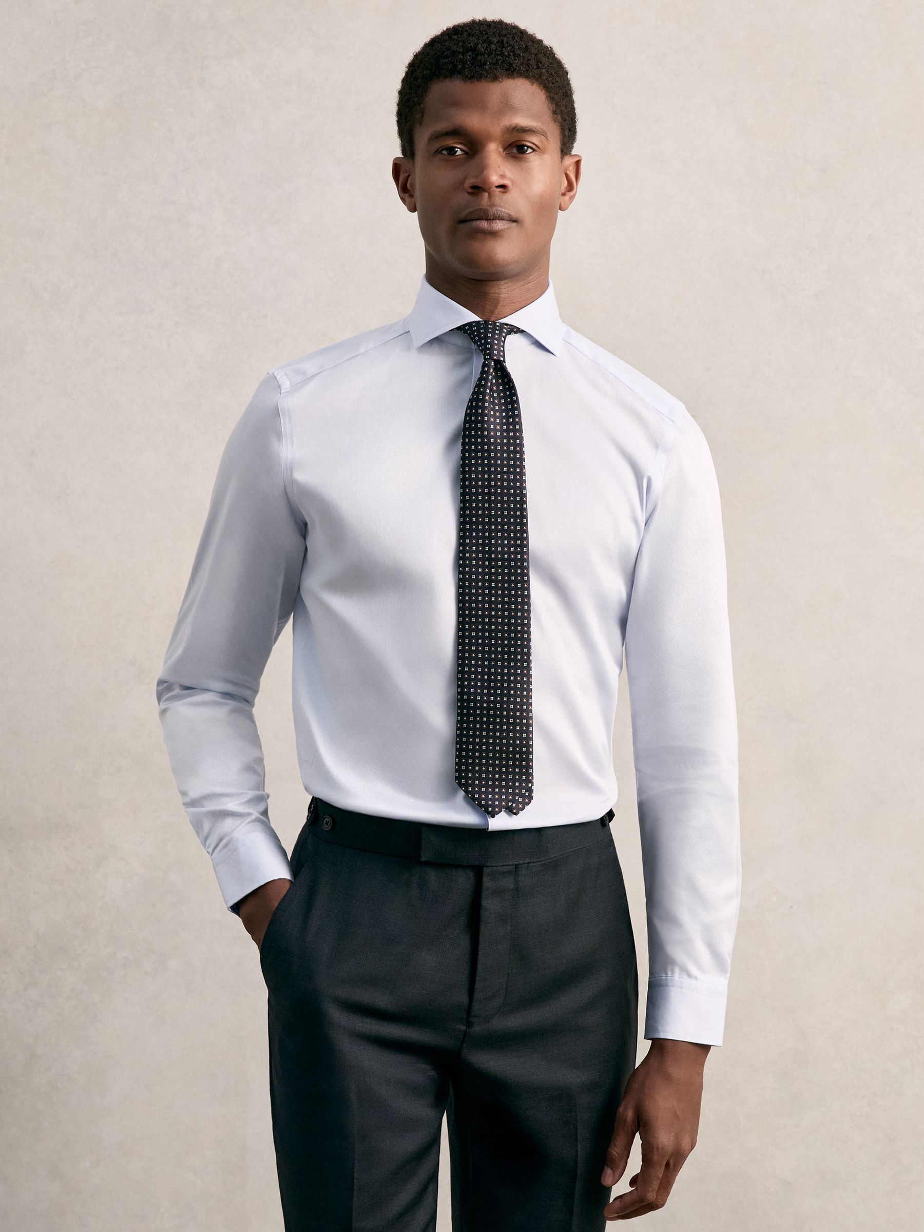 Regular Fit Cotton Sateen Shirt in Mid Blue - Image 3 of 8