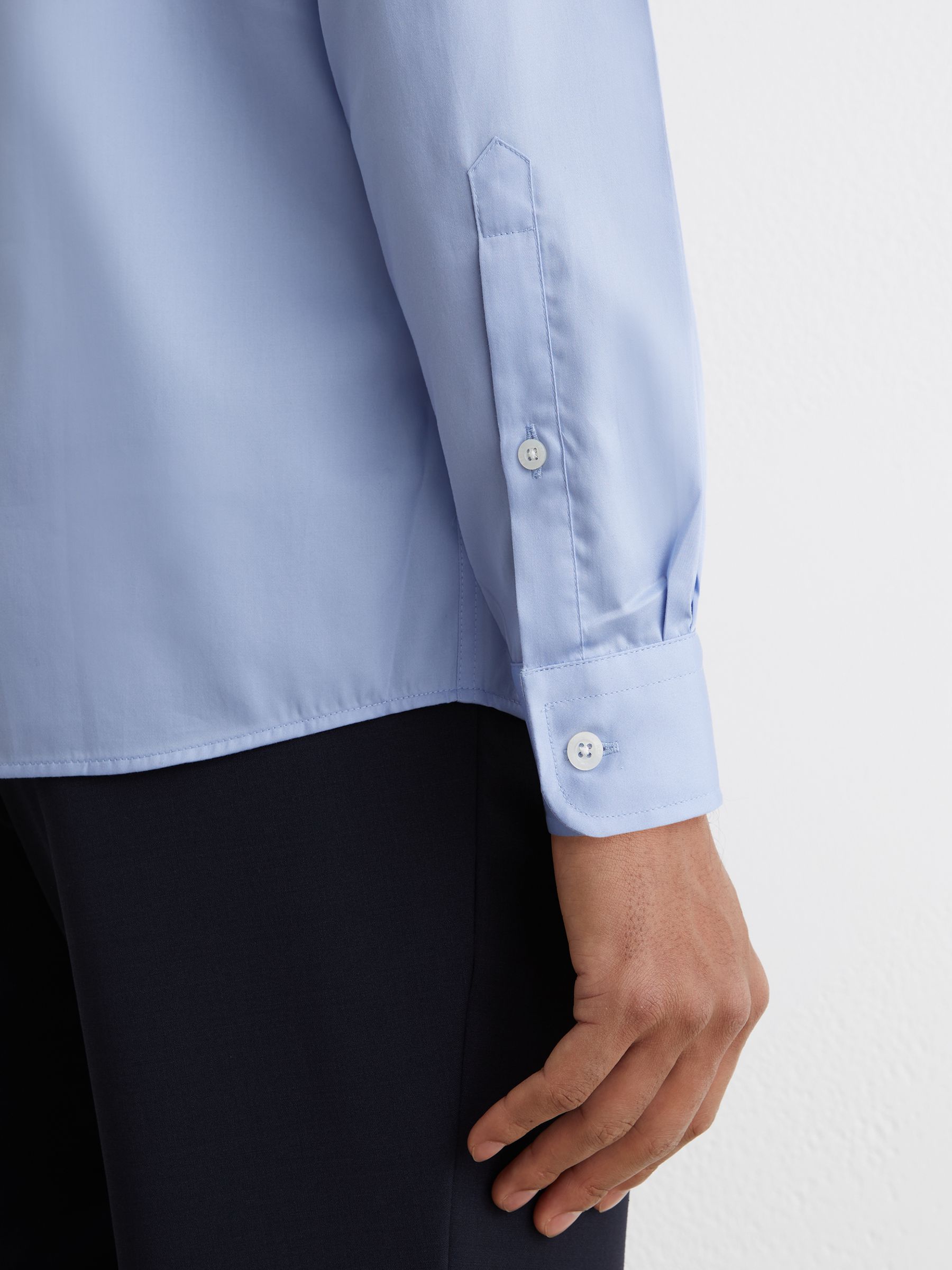Regular Fit Cotton-Satin Cutaway-Collar Shirt in Mid Blue - image 5