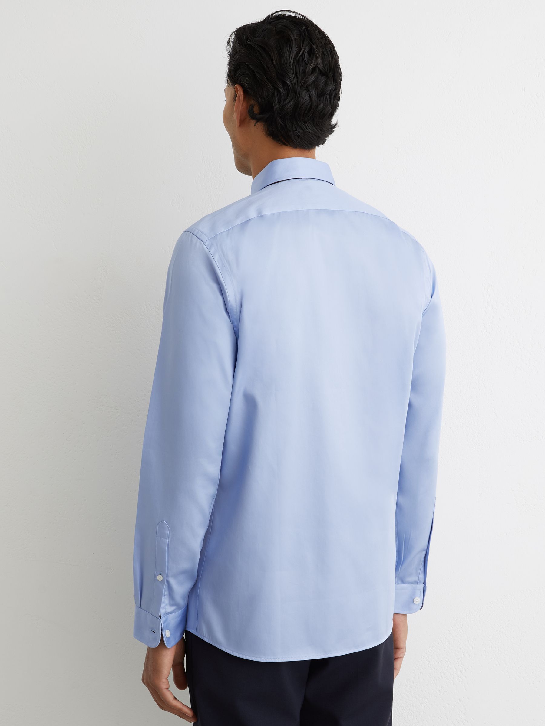 Regular Fit Cotton-Satin Cutaway-Collar Shirt in Mid Blue - image 4