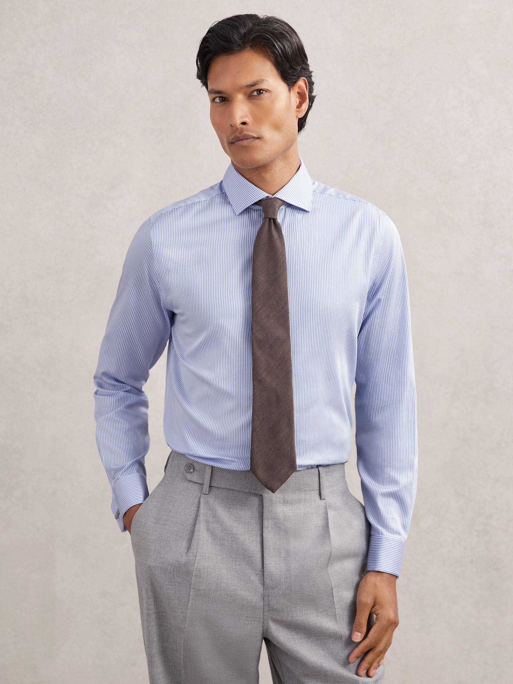 Regular Fit Regular-Fit Cotton-Satin Stripe Shirt in Blue Stripe - image 2