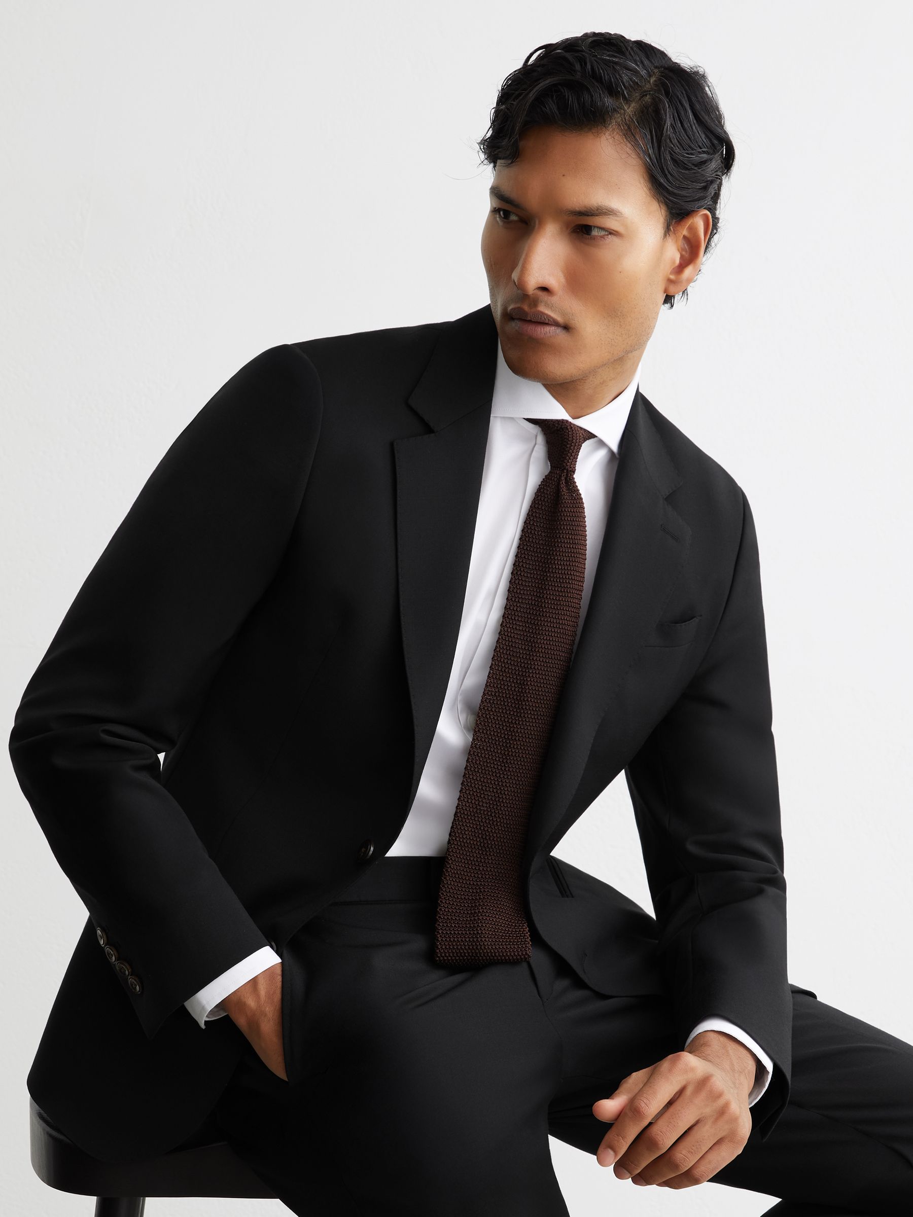 Tailored Fit Wool-Blend Single-Breasted Suit Blazer in Black - image 5