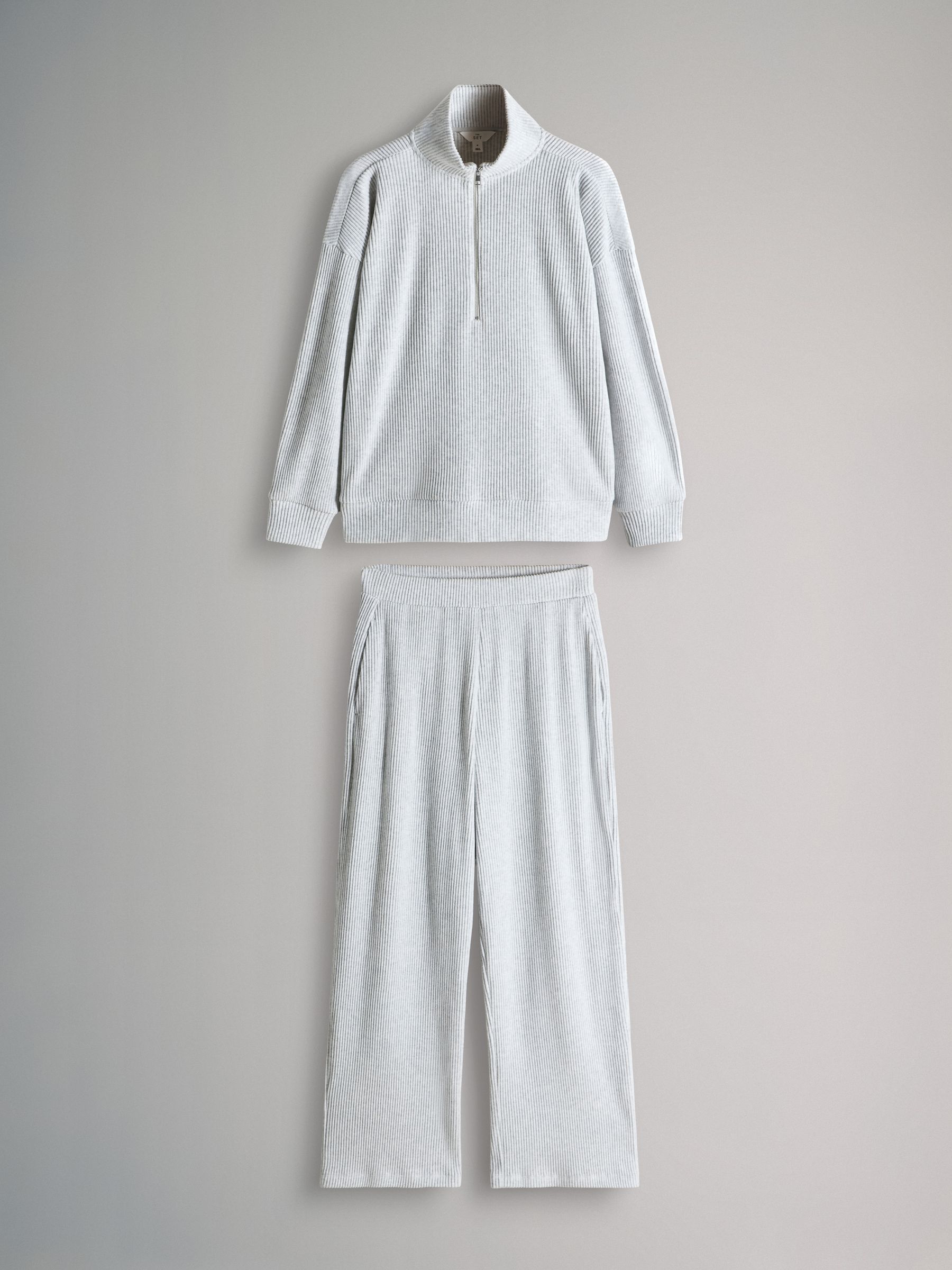 Grey - Soft Touch Rib Funnel Neck Sweatshirt/Wide Leg Joggers Coord - Image 1 of 5
