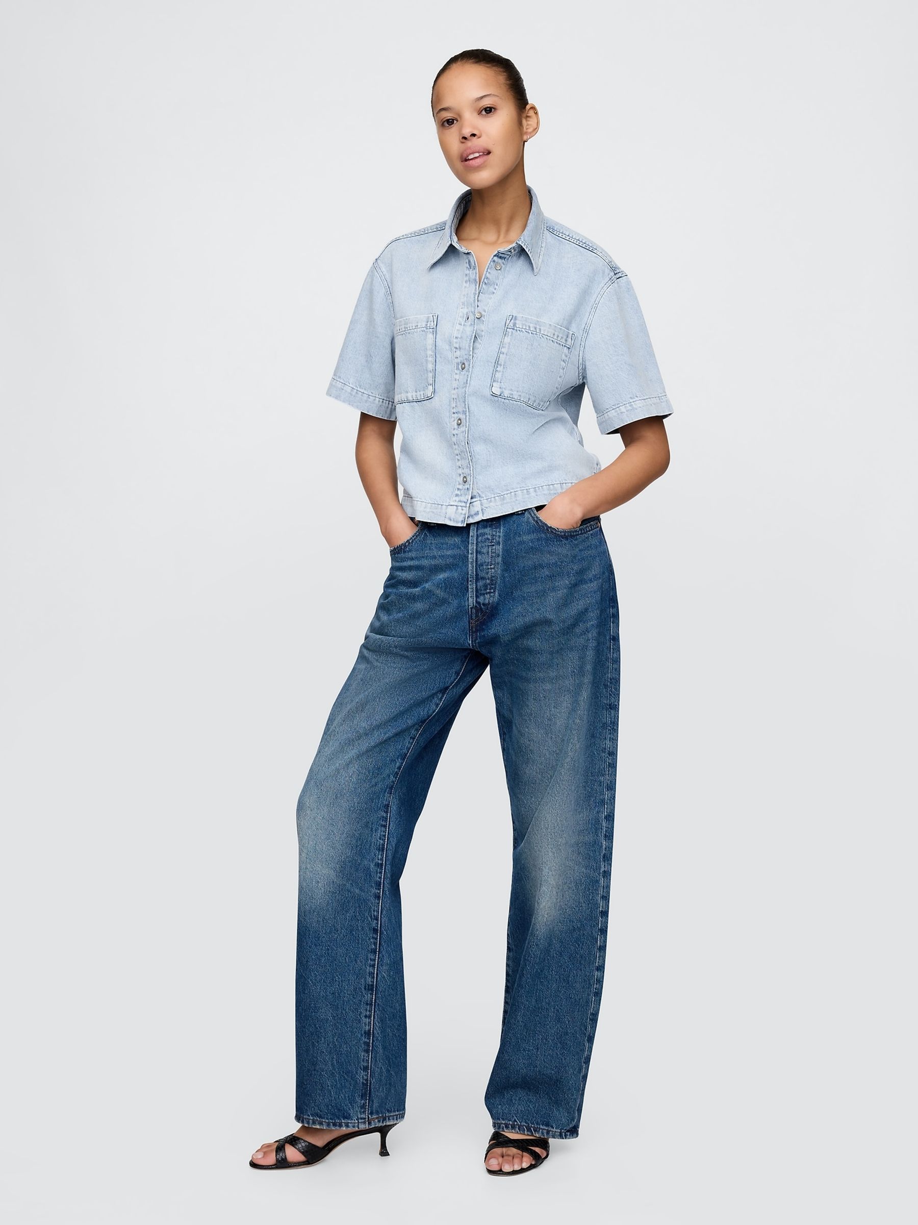 Light Blue UltraSoft Cropped Denim Shirt - Image 3 of 5