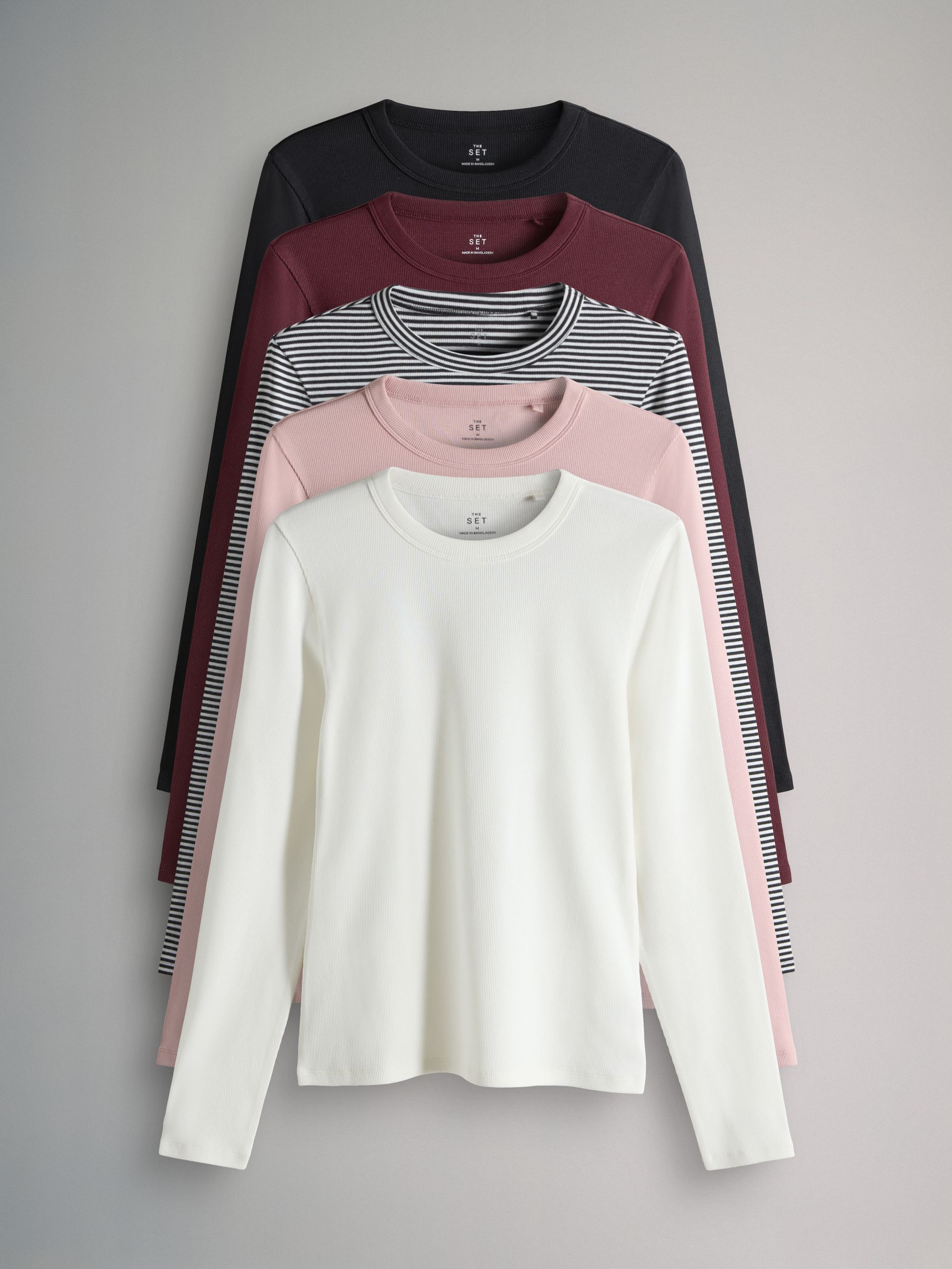 Black/Berry/Pink/Stripe/Cream - 5 Pack Ribbed Long Sleeve T-Shirts - Image 1 of 8