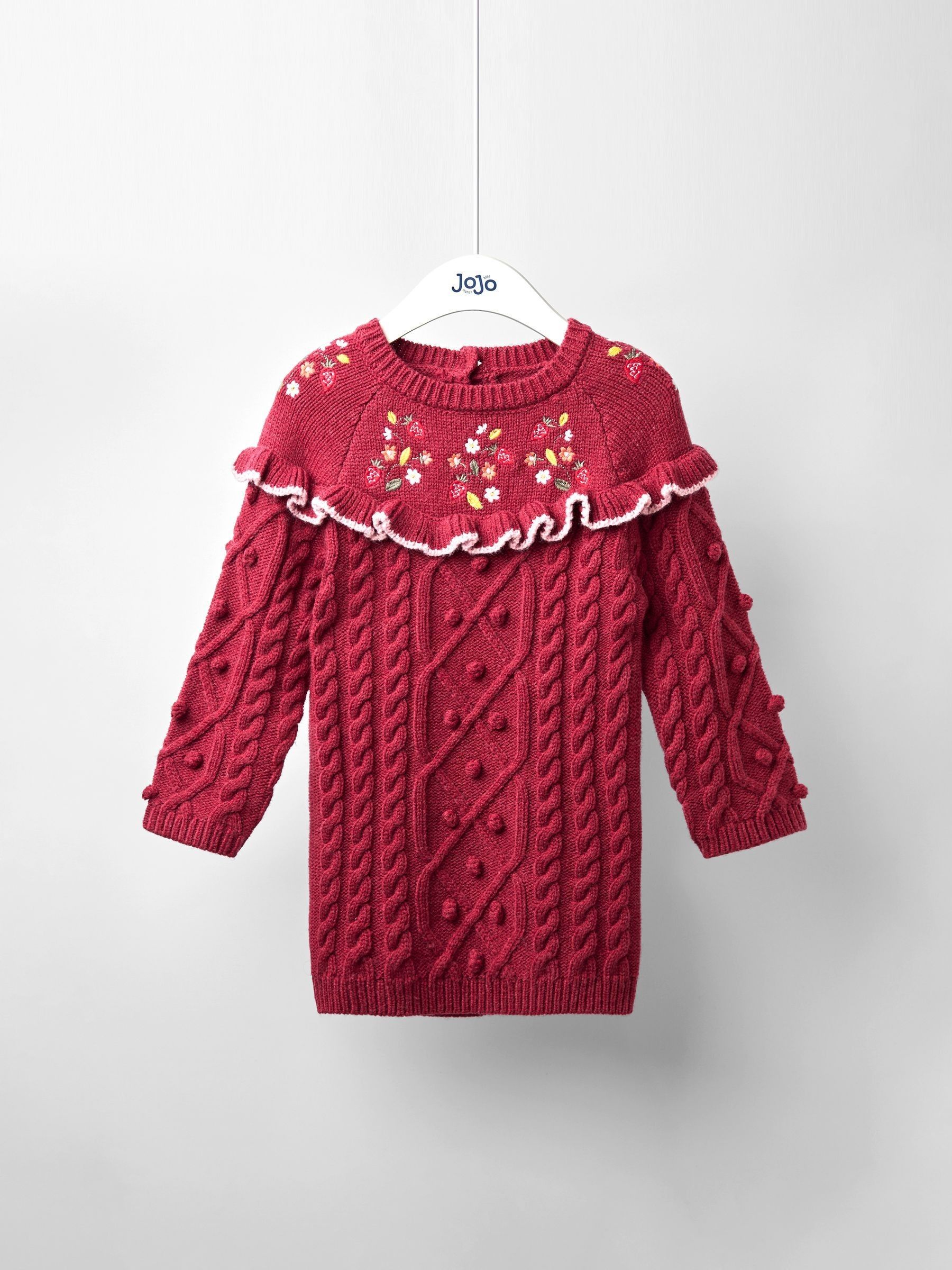 Red Embroidered Cable Frill Knitted Dress - Image 1 of 4