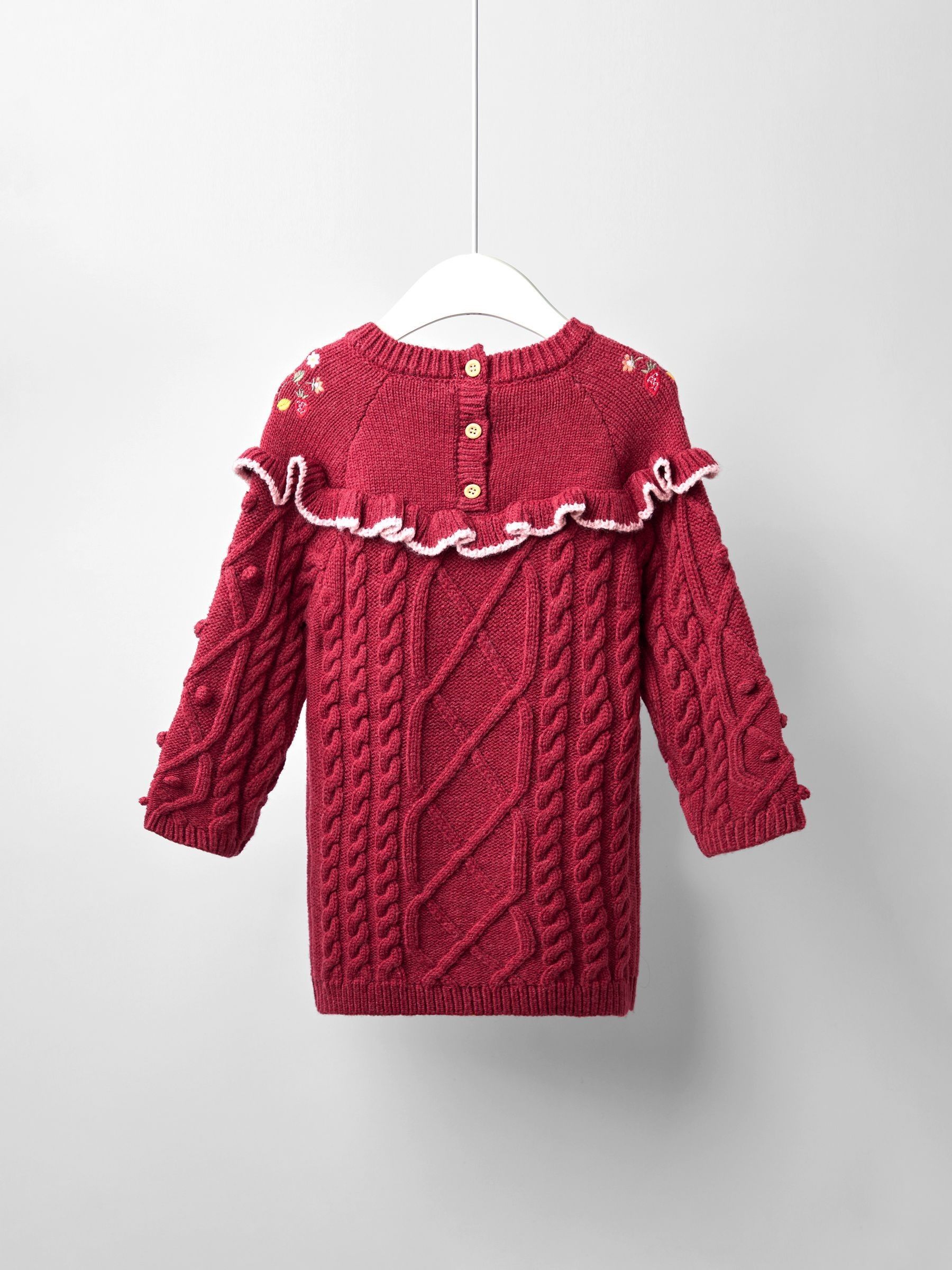 Red Embroidered Cable Frill Knitted Dress - Image 2 of 4