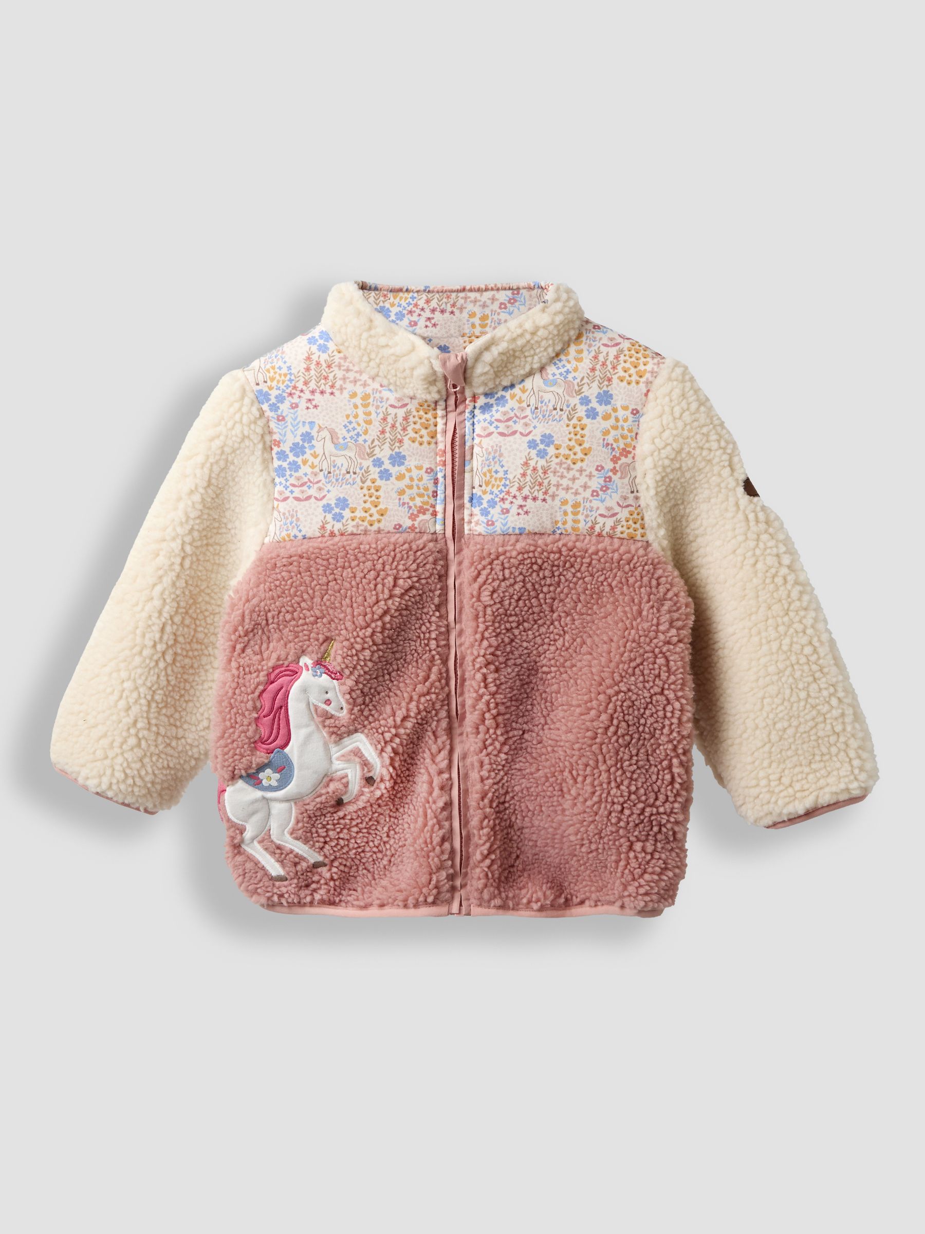 Pink Floral Unicorn Fleece Appliqué Reversible Jacket | JoJo Maman