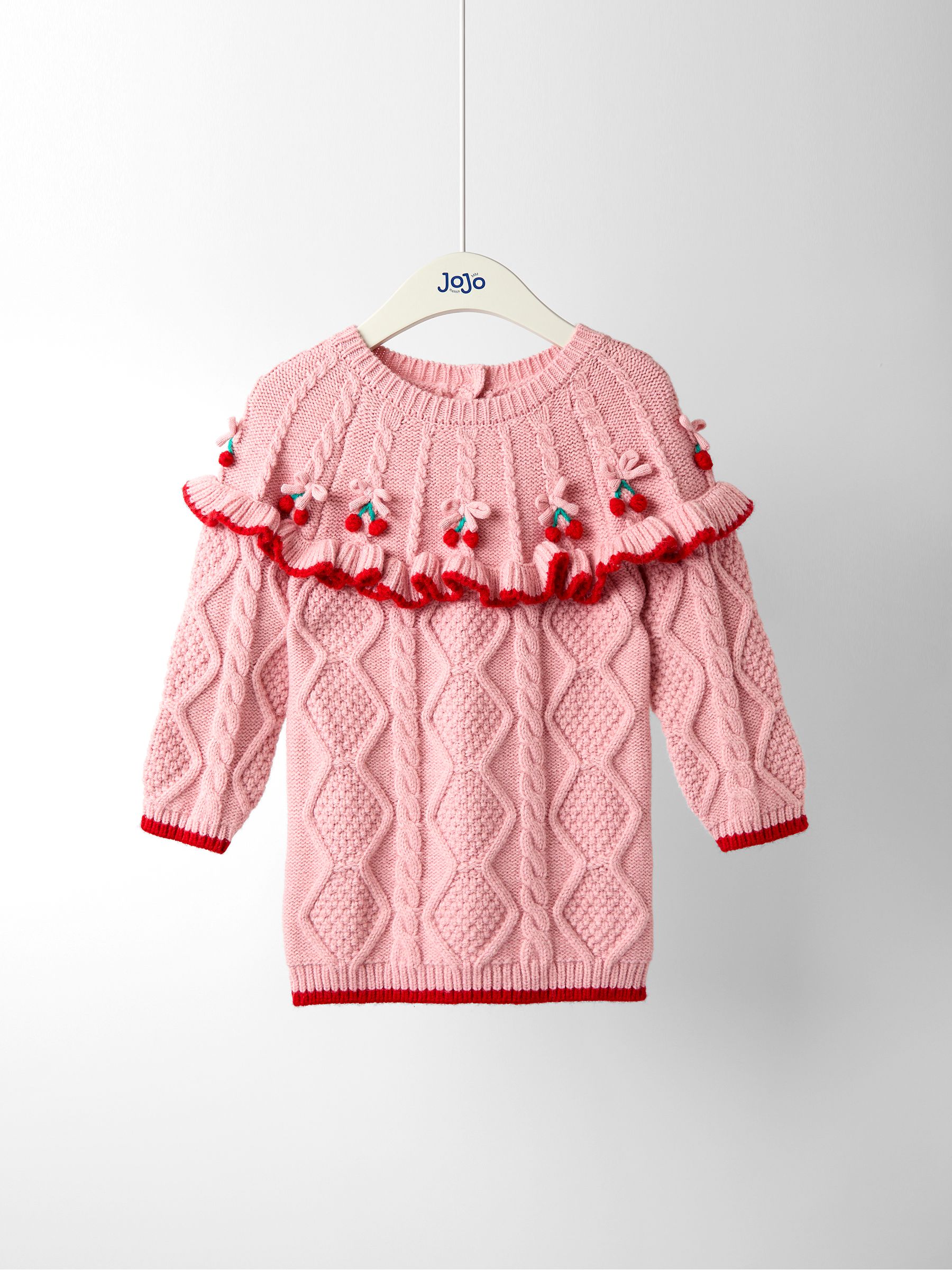 Pink Cherry Embroidered Cable Frill Knitted Dress | JoJo Maman Bb