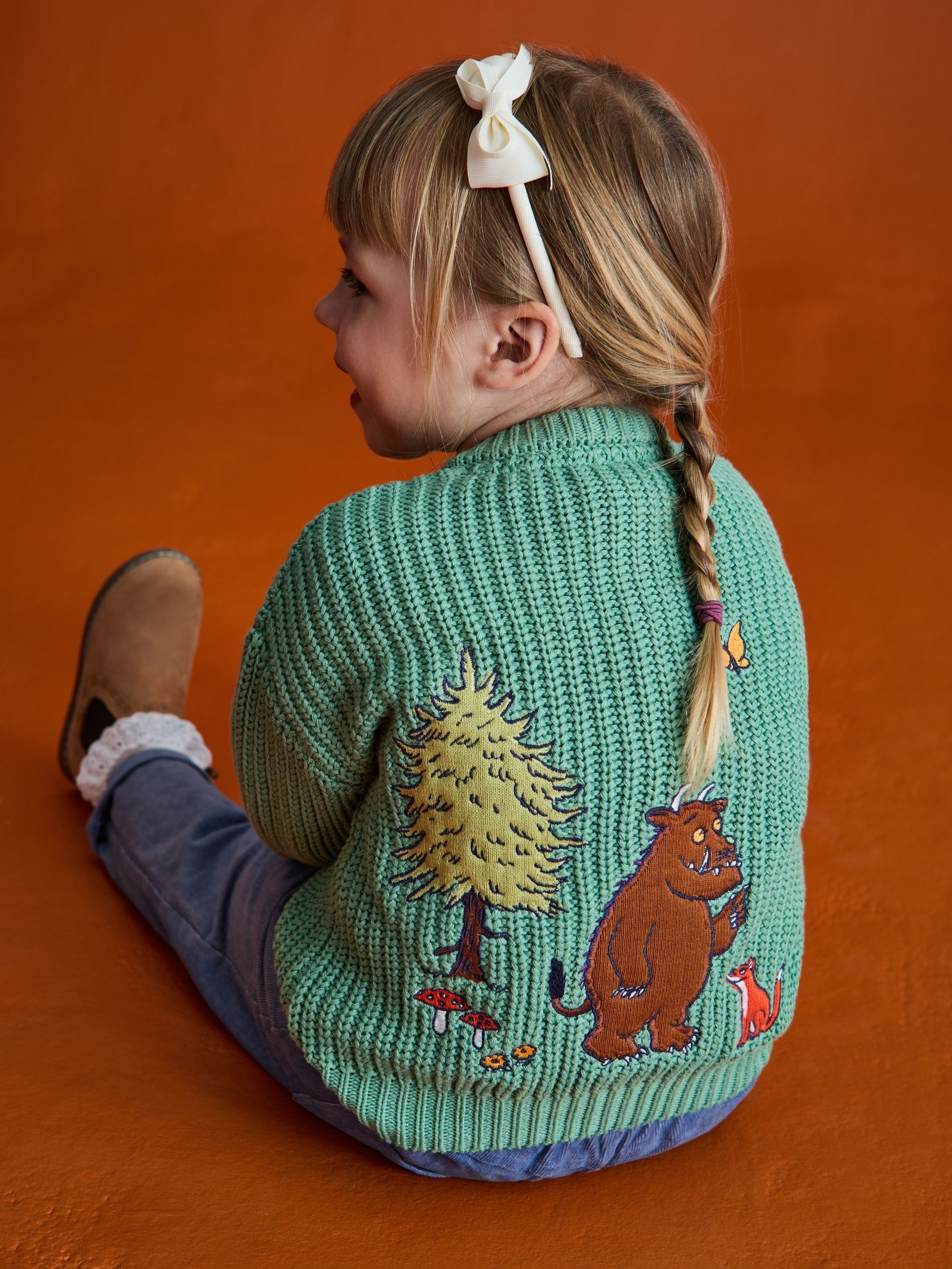 Sage Green The Gruffalo Appliqué Chunky Knit Cardigan | JoJo Maman