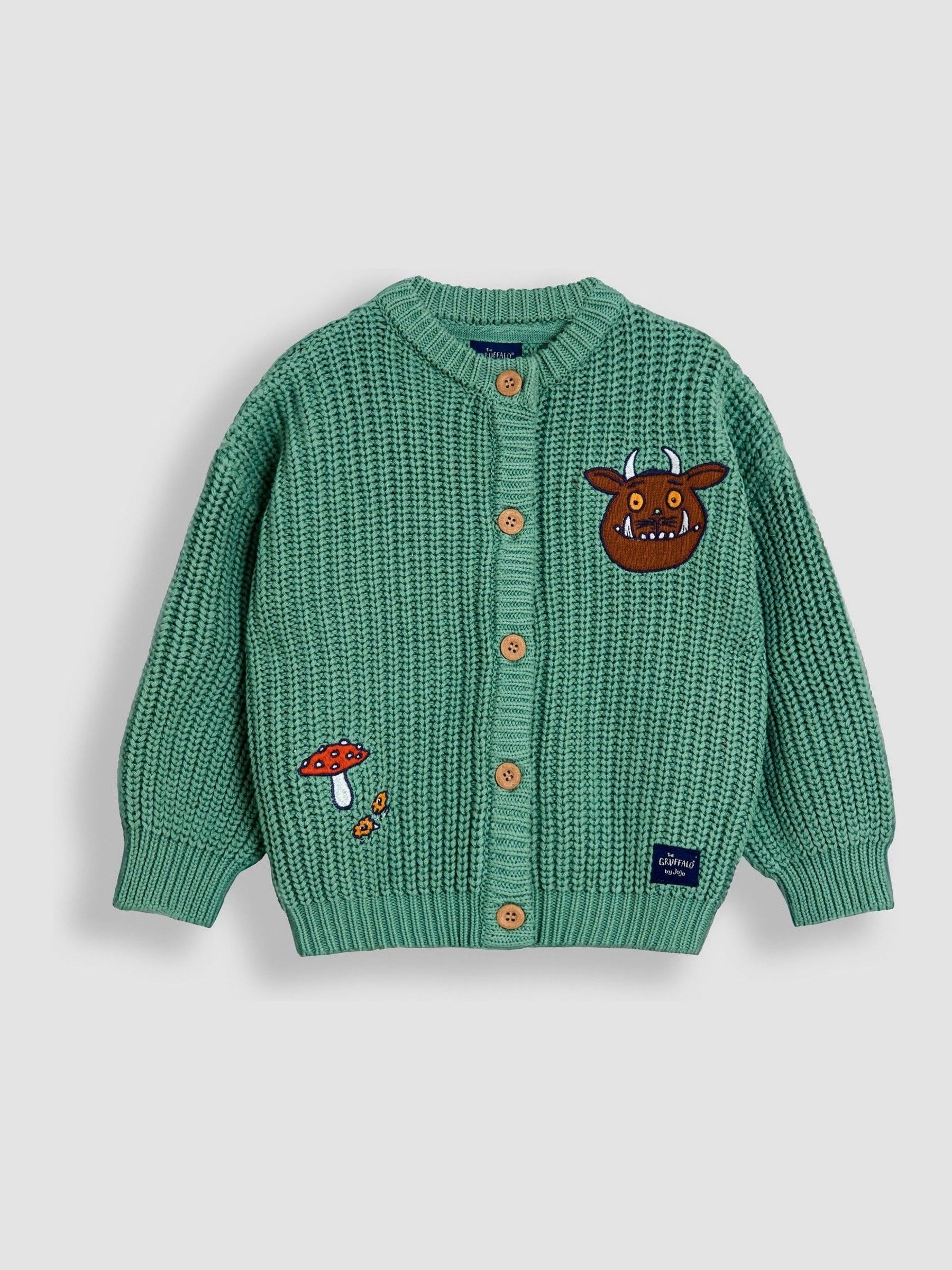 Sage Green The Gruffalo Appliqué Chunky Knit Cardigan | JoJo Maman