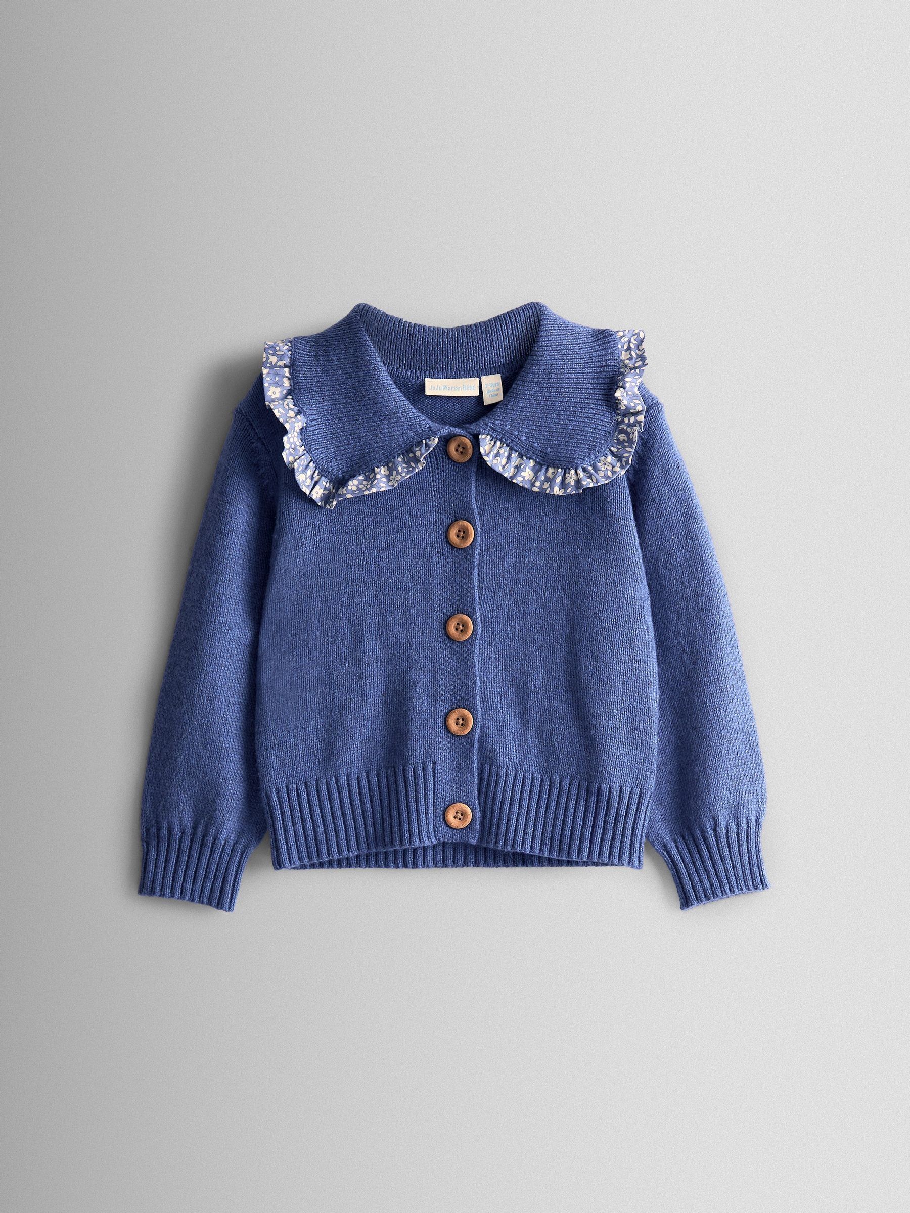 Dusky Blue Floral Frill Collar Cardigan | JoJo Maman Bébé