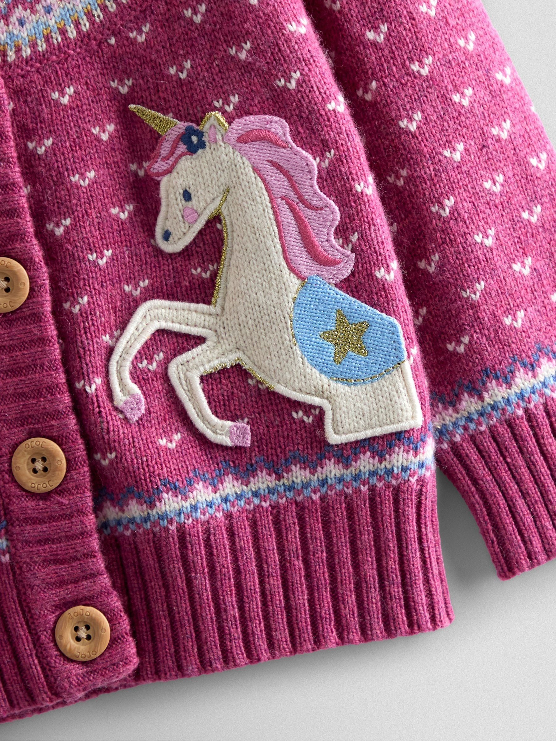 Rose Pink Unicorn Fair Isle Appliqué Pocket Cardigan | JoJo Maman