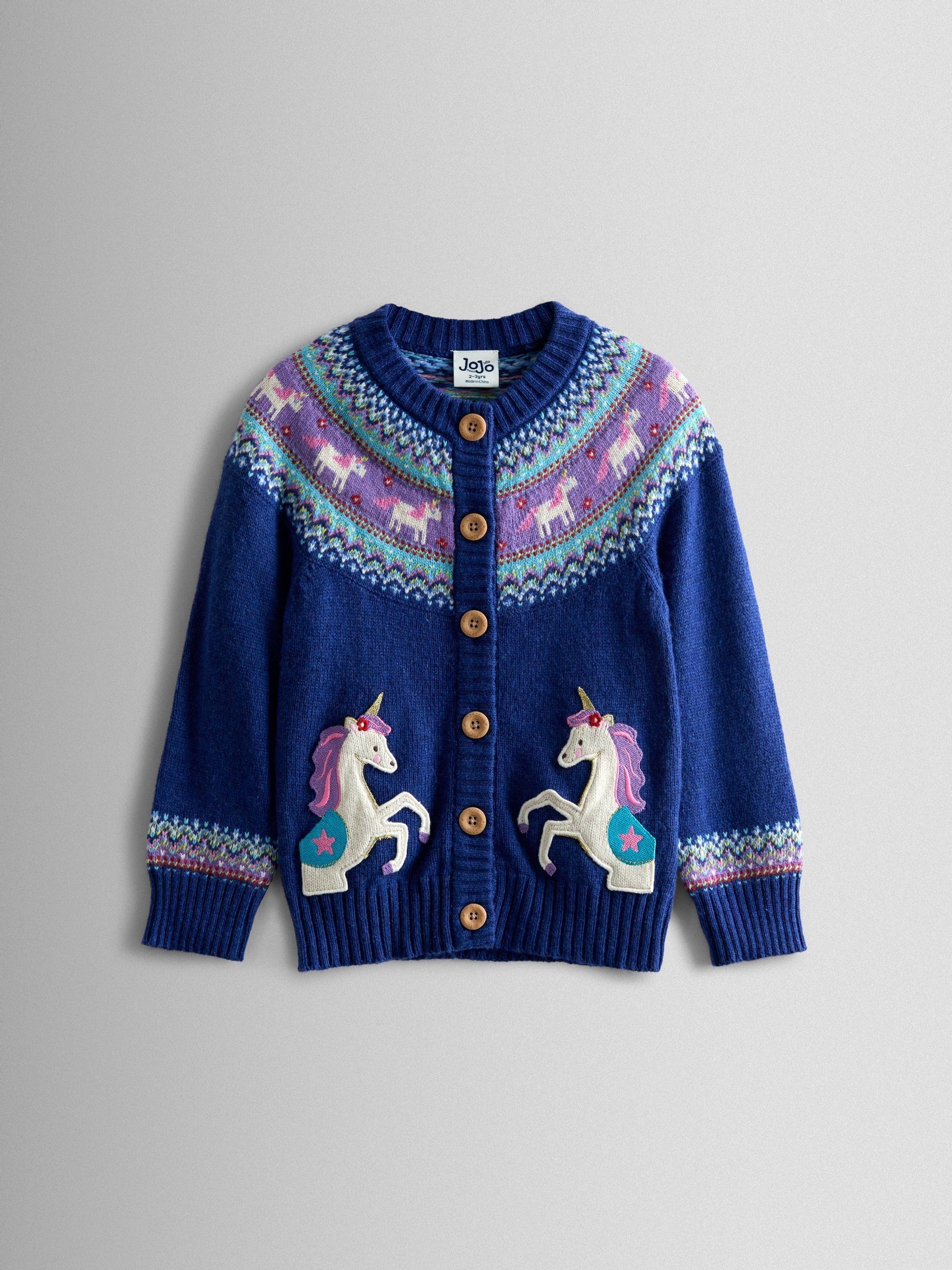 Navy Blue Unicorn Fair Isle Appliqué Pocket Cardigan | JoJo Maman Bébé
