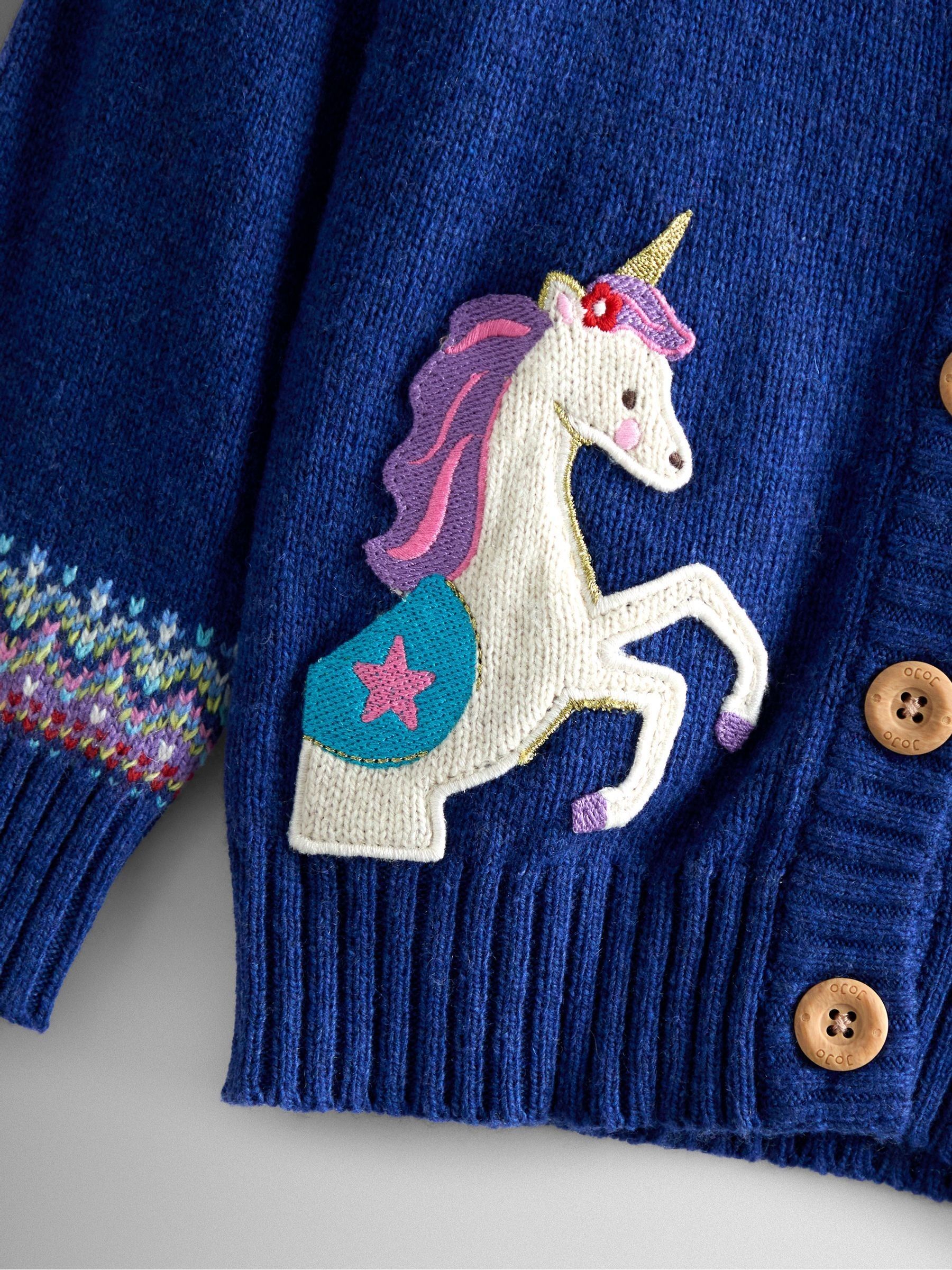 Navy Blue Unicorn Fair Isle Appliqué Pocket Cardigan | JoJo Maman Bébé
