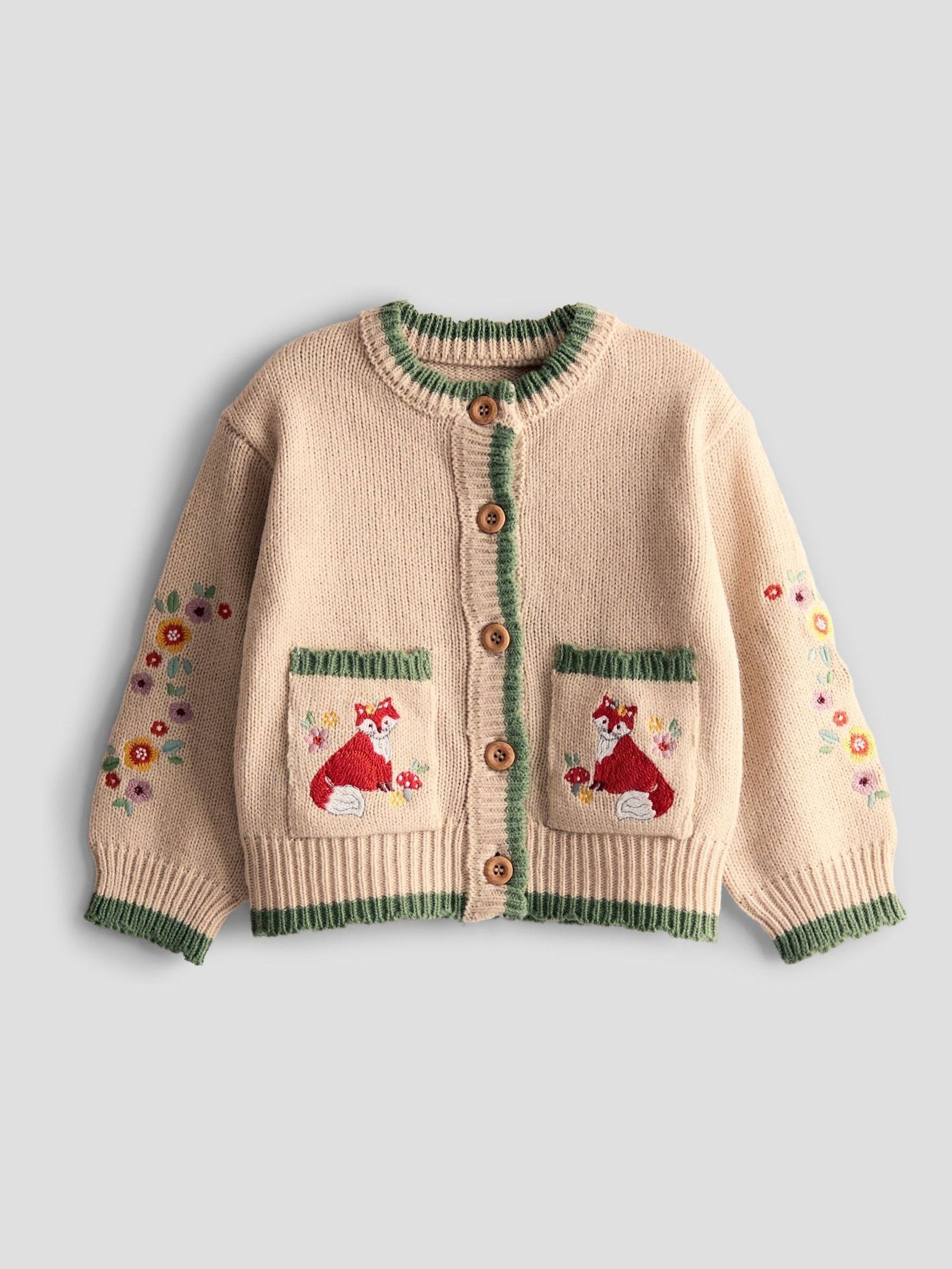 Natural Scallop Edge Embroidered Pocket Cardigan - Image 1 of 3