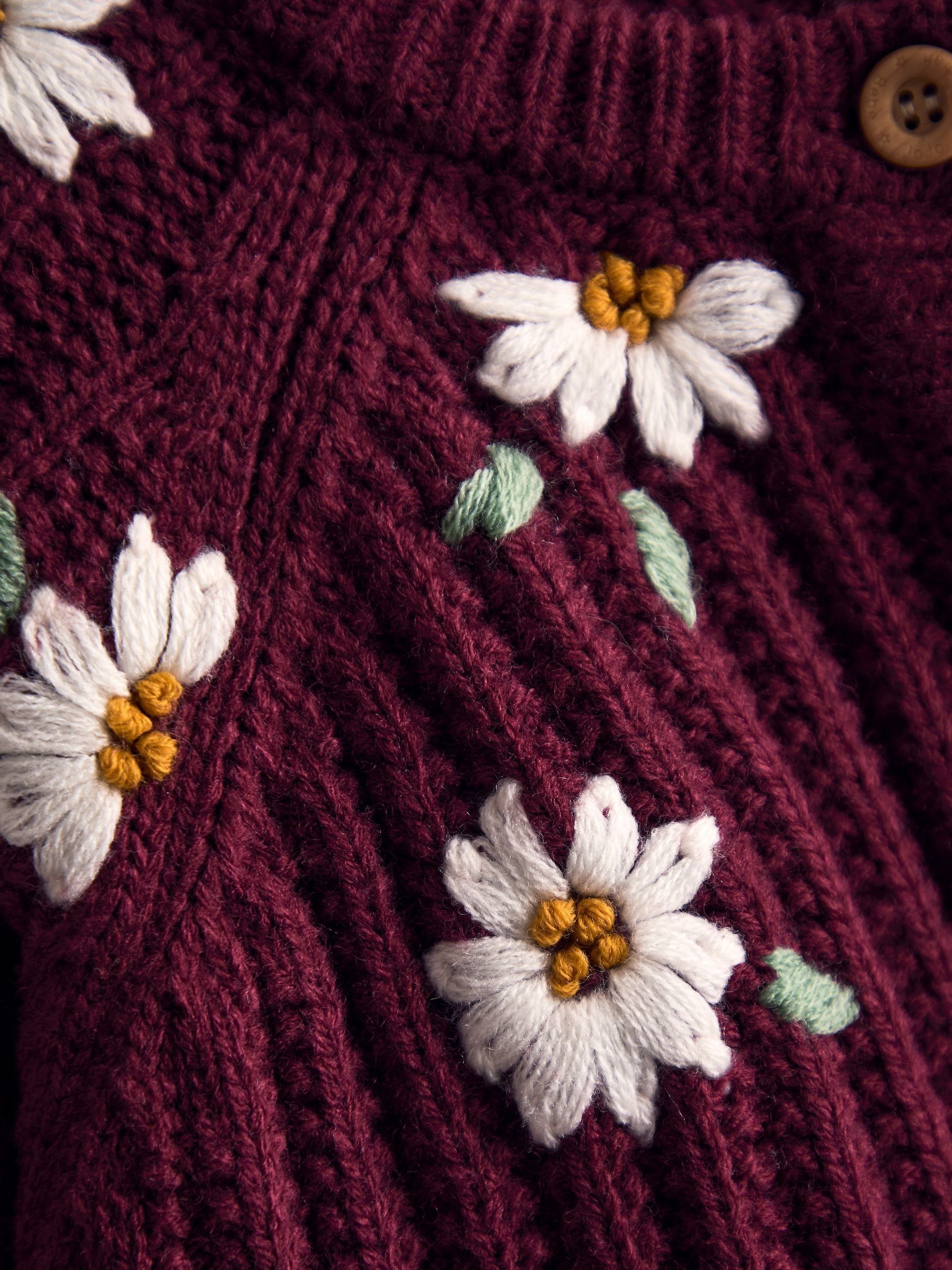 Berry Red Daisy Floral Embroidered Textured Cardigan - Image 4 of 4 Berry Red Daisy Floral Embroidered Textured Cardigan - Image 4 of 4