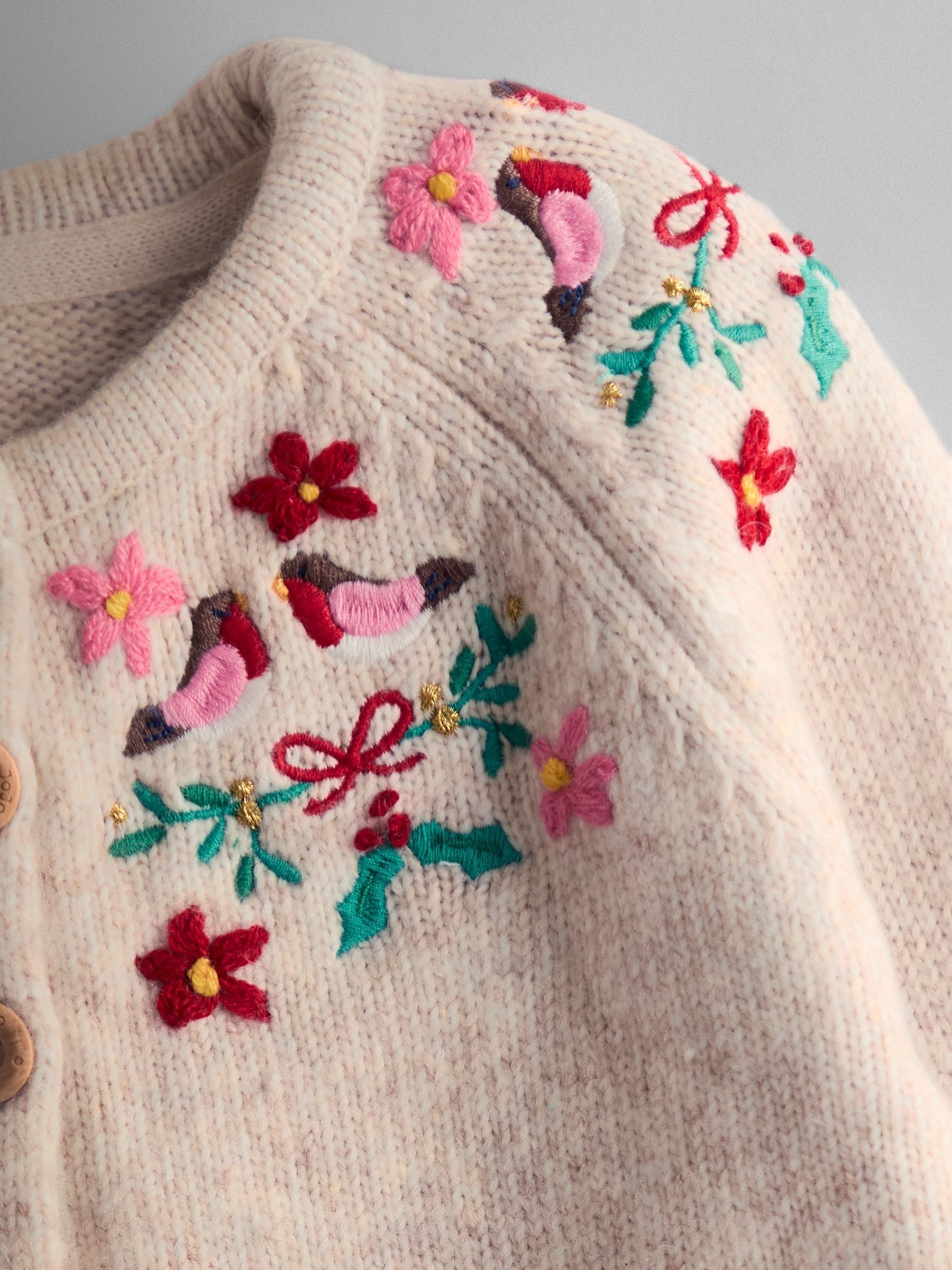 Beige Marle Christmas Robin Embroidered Cardigan - Image 3 of 3