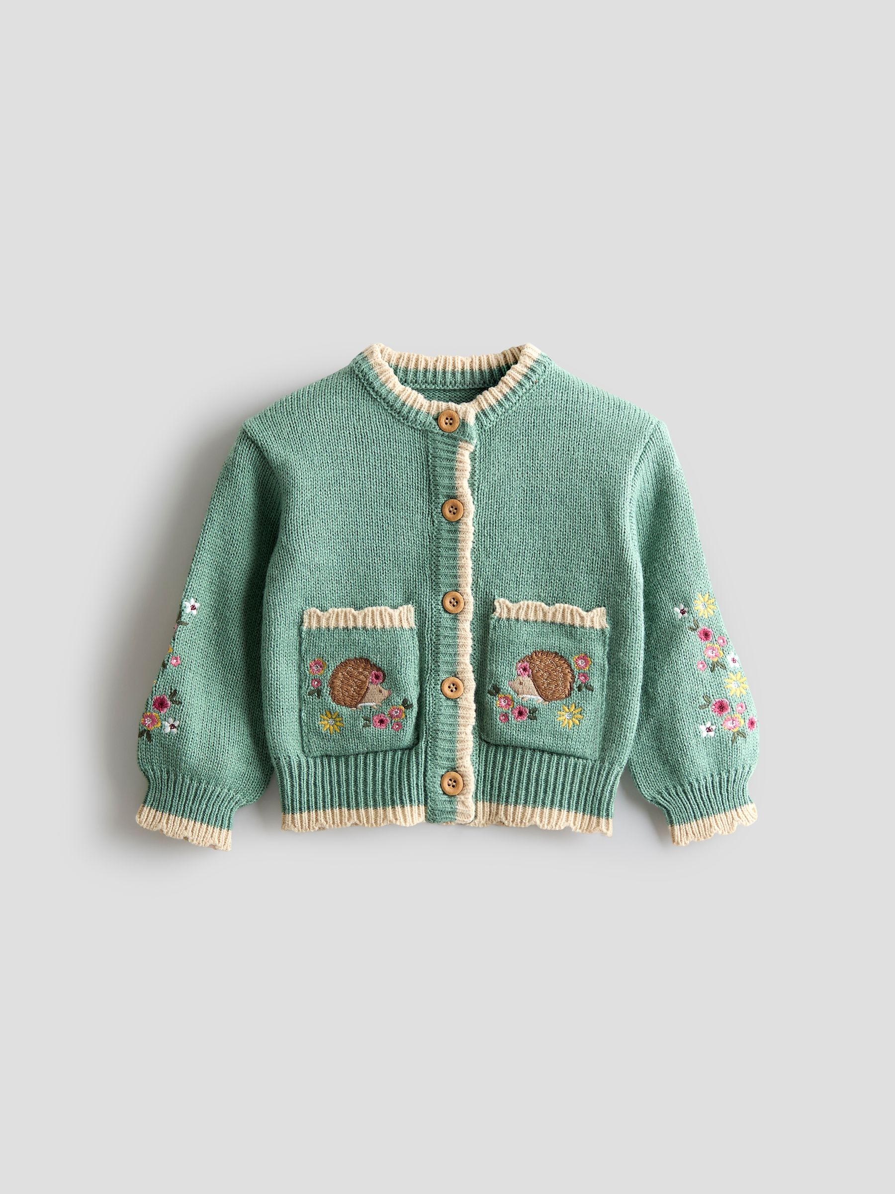 Sage Green Hedgehog Scallop Edge Embroidered Pocket Cardigan