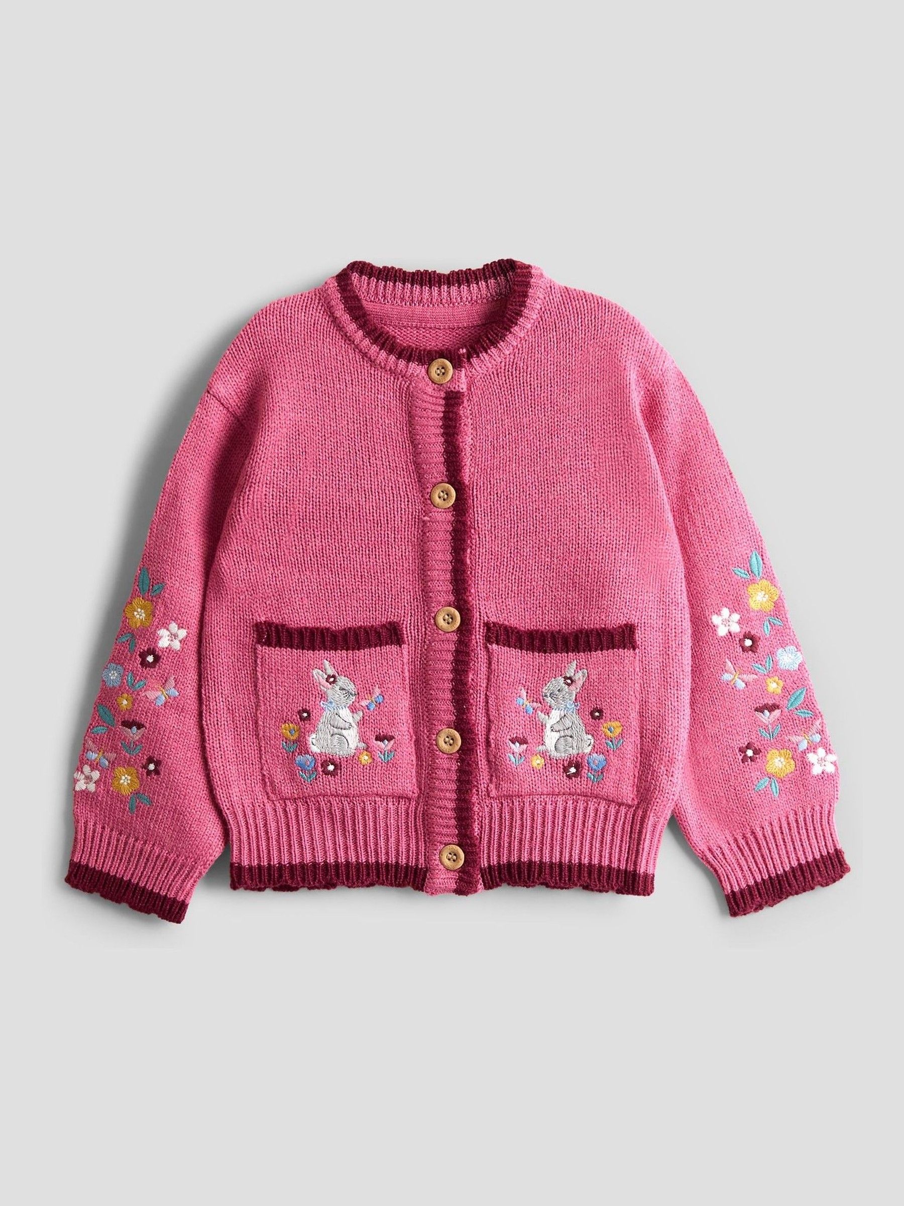 Rose Pink Bunny Scallop Edge Embroidered Pocket Cardigan | JoJo 