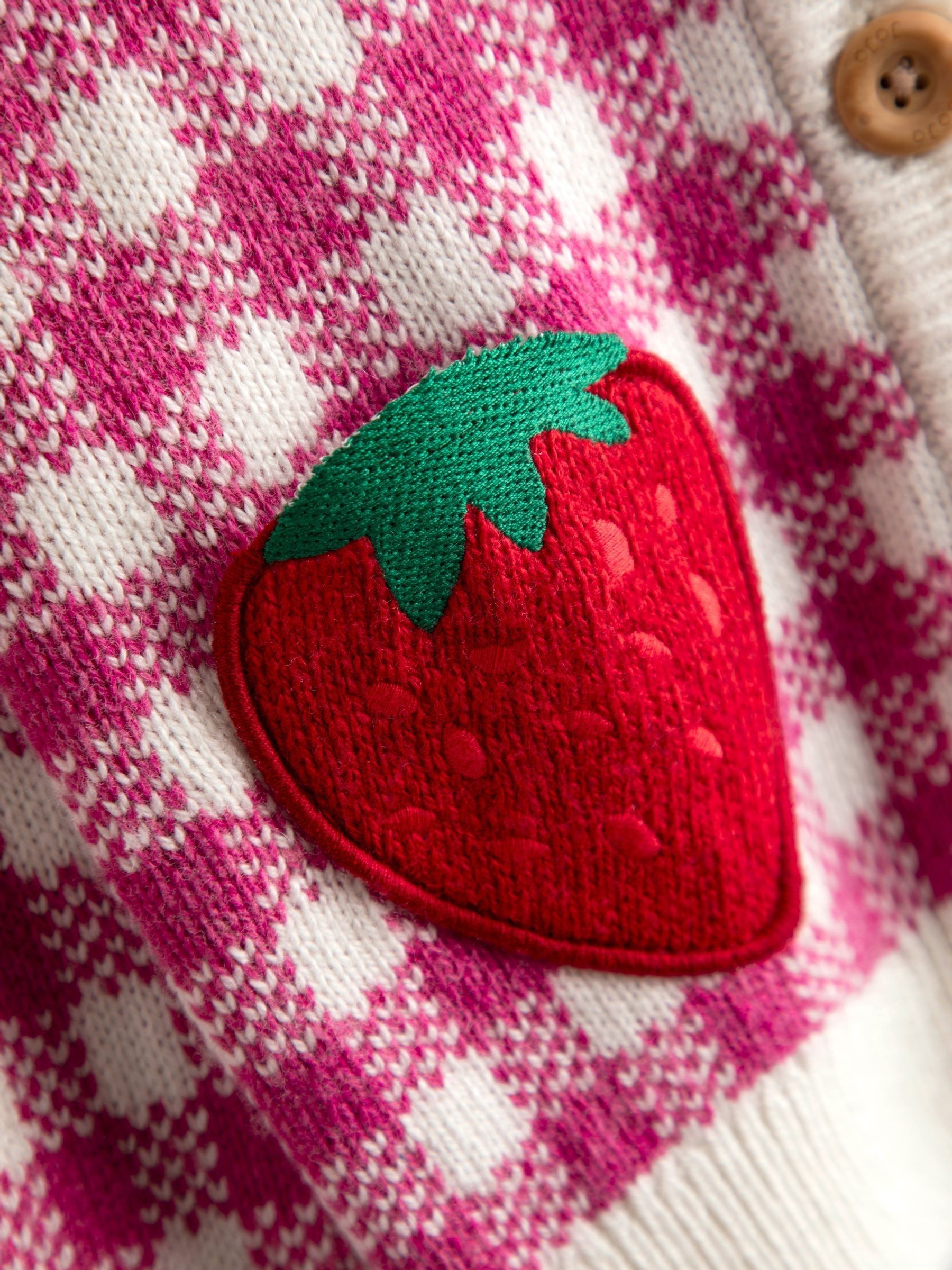 Pink Strawberry Gingham Frill-Neck Appliqué Cardigan - Image 2 of 4