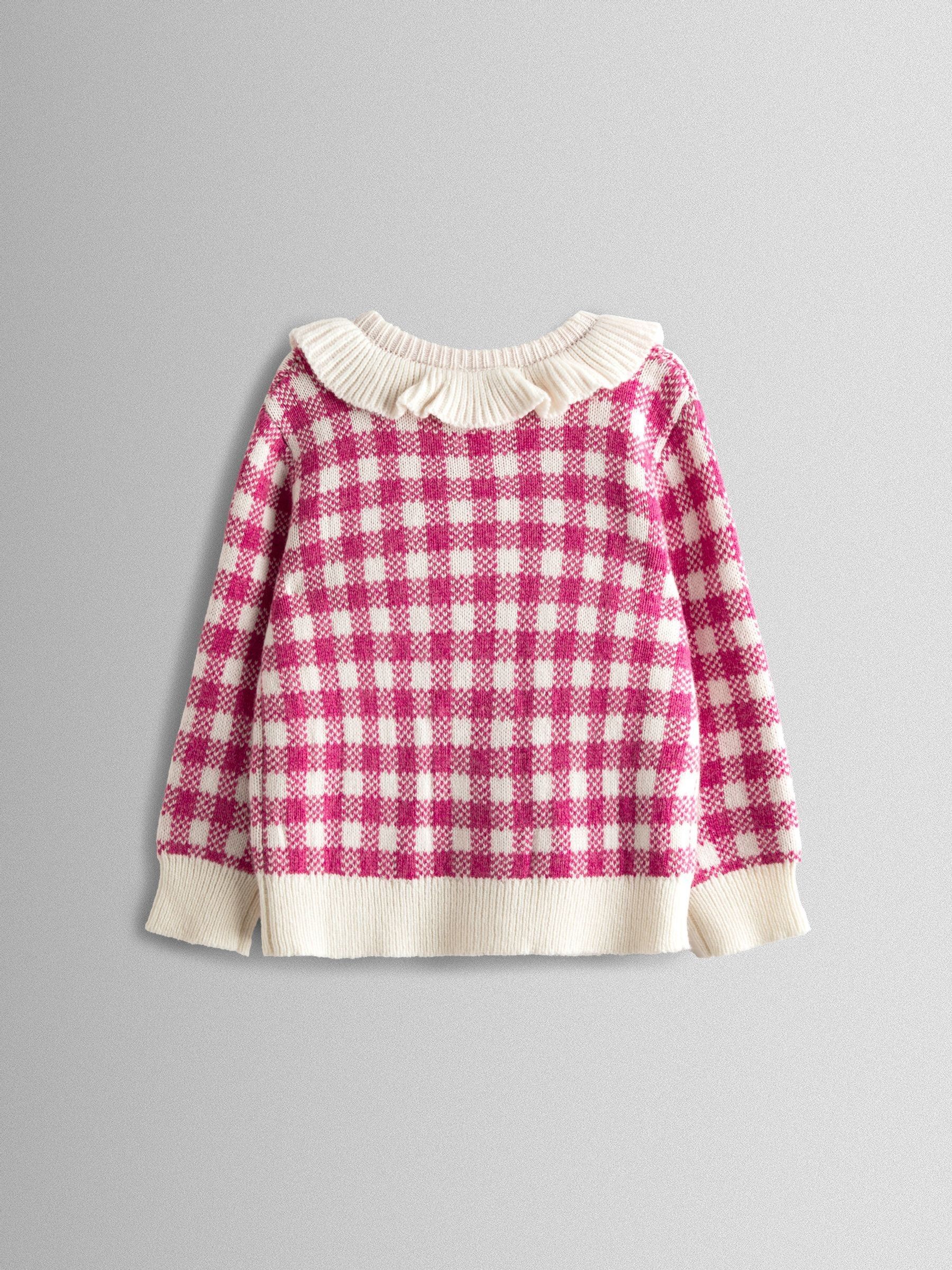 Pink Strawberry Gingham Frill-Neck Appliqué Cardigan - Image 4 of 4