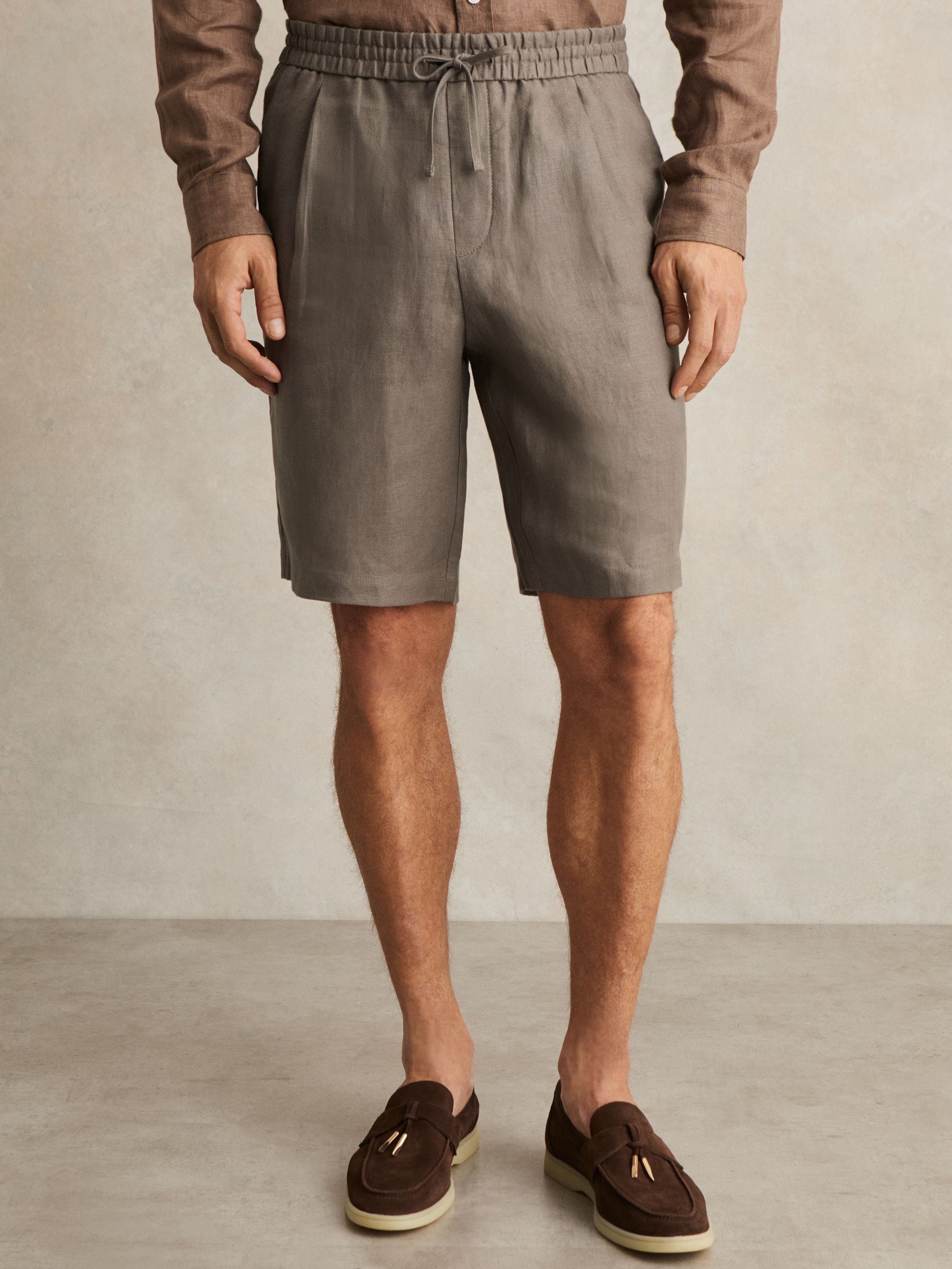 Linen Drawstring Shorts in Mushroom Brown - Image 4 of 6