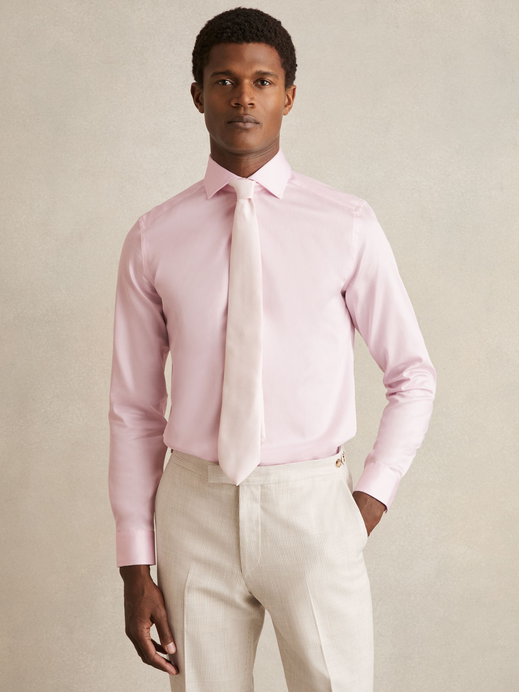 Slim Fit Cotton Sateen Shirt in Pink - Image 1 of 8 Slim Fit Cotton Sateen Shirt in Pink - Image 1 of 8