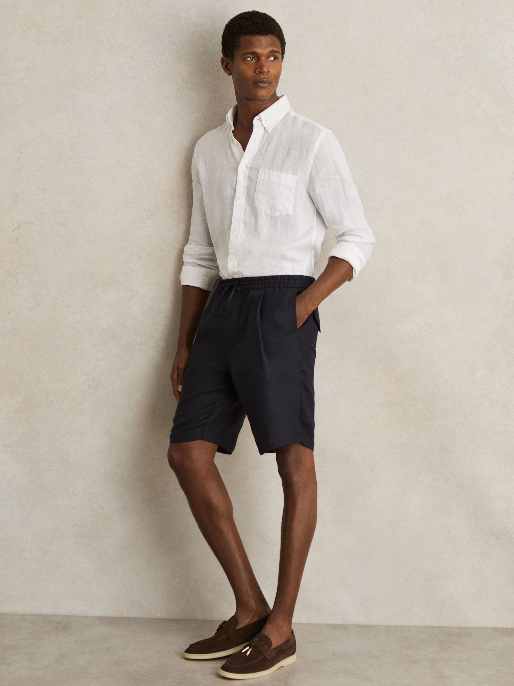 Linen Drawstring Shorts in Navy - Image 1 of 7