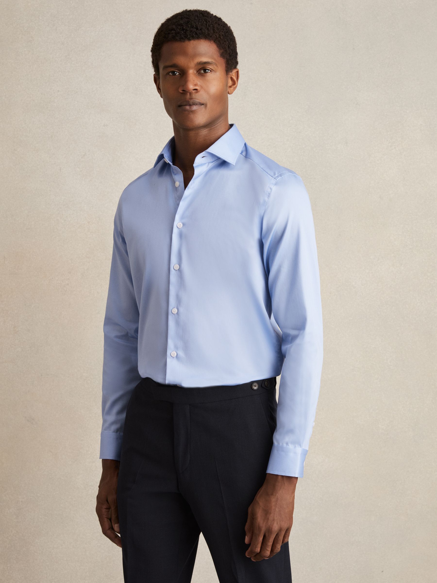 Slim Fit Cotton Sateen Shirt in Mid Blue - Image 3 of 6