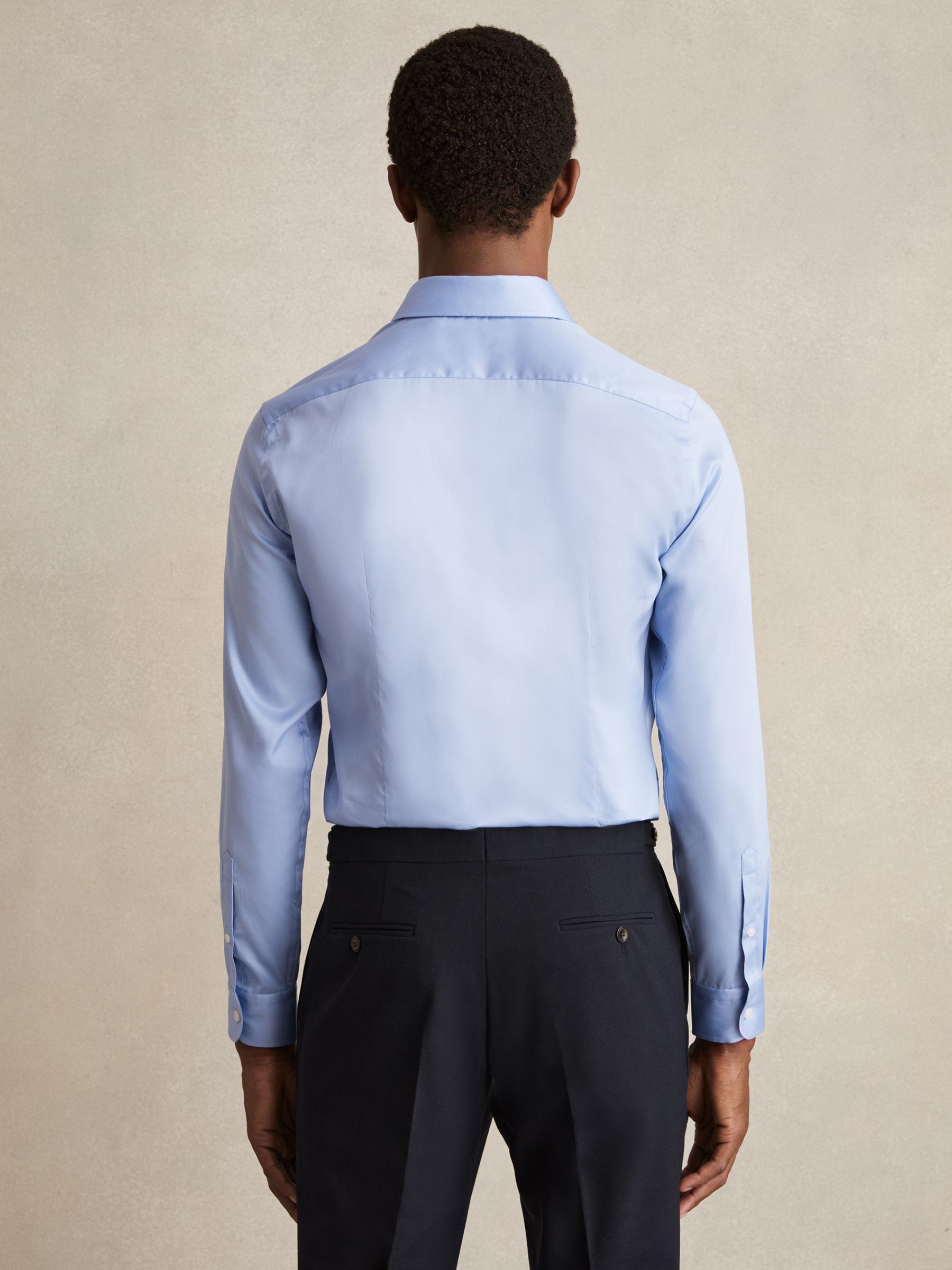 Slim Fit Cotton Sateen Shirt in Mid Blue - Image 6 of 6