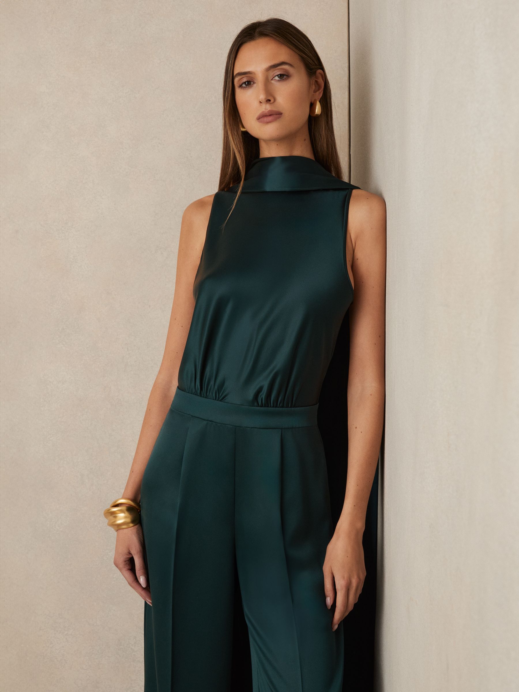 Satin Cape Sash Jumpsuit in Teal Green - Image 3 of 8