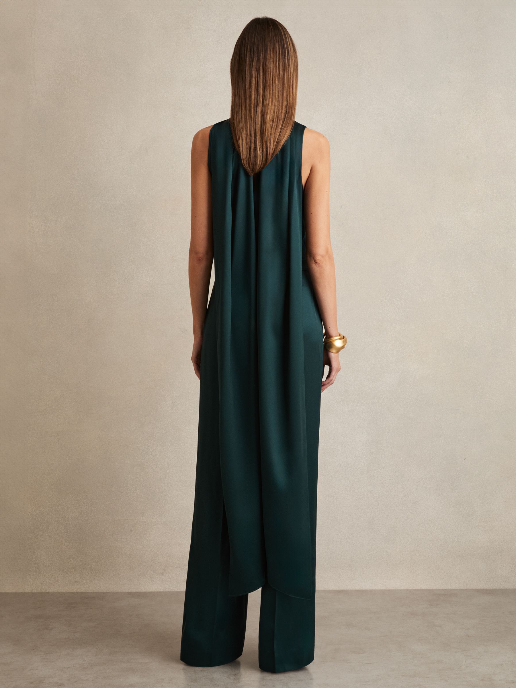 Satin Cape Sash Jumpsuit in Teal Green - Image 4 of 8