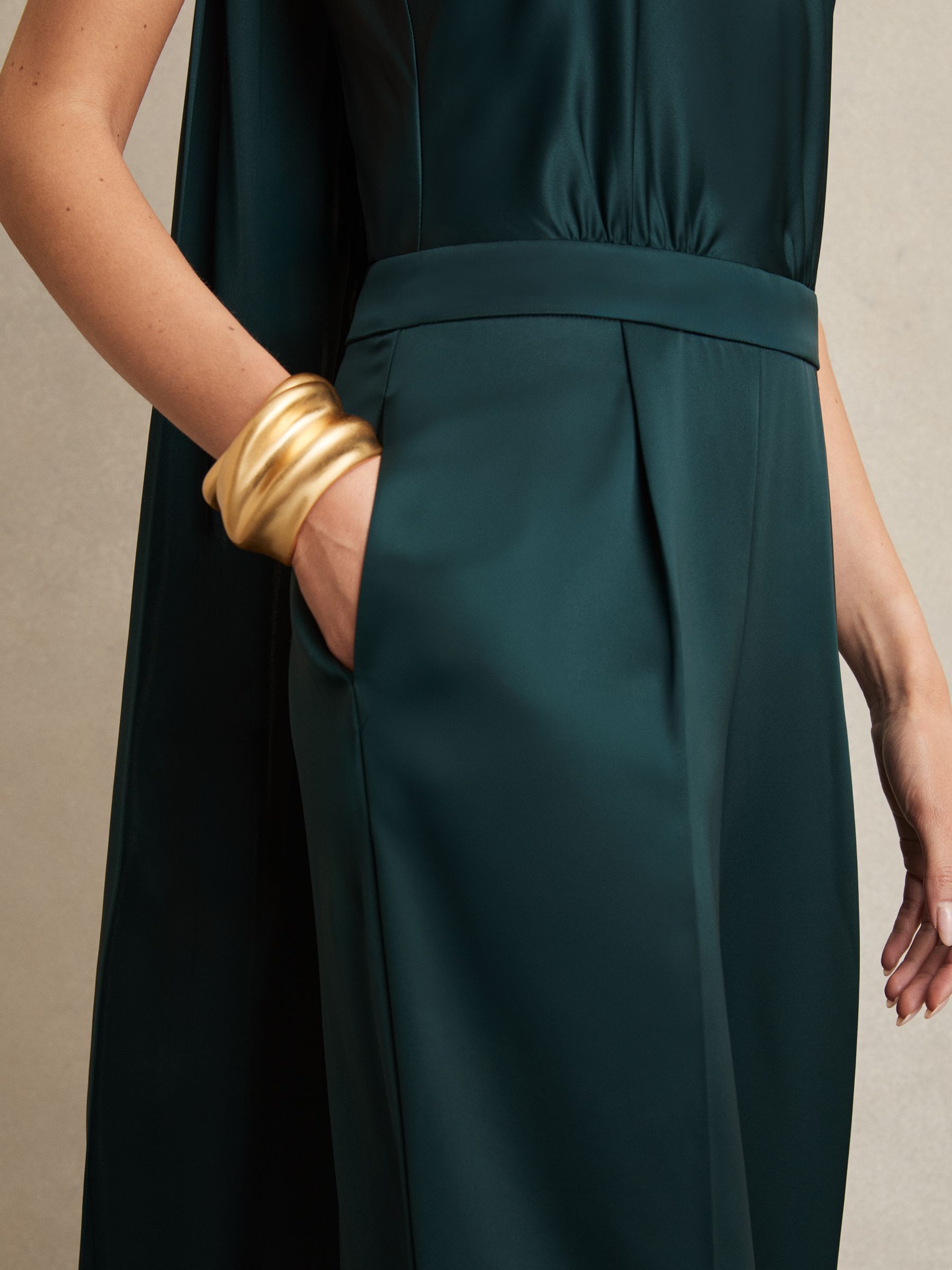 Satin Cape Sash Jumpsuit in Teal Green - Image 5 of 8