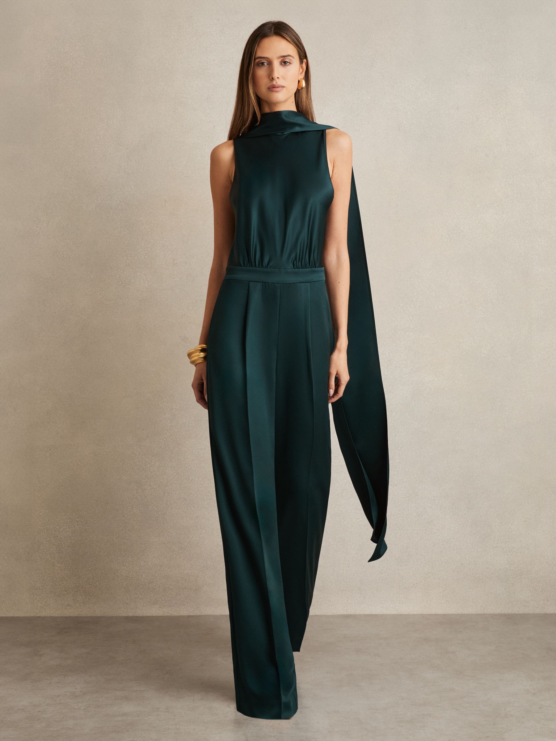 Satin Cape Sash Jumpsuit in Teal Green - Image 6 of 8